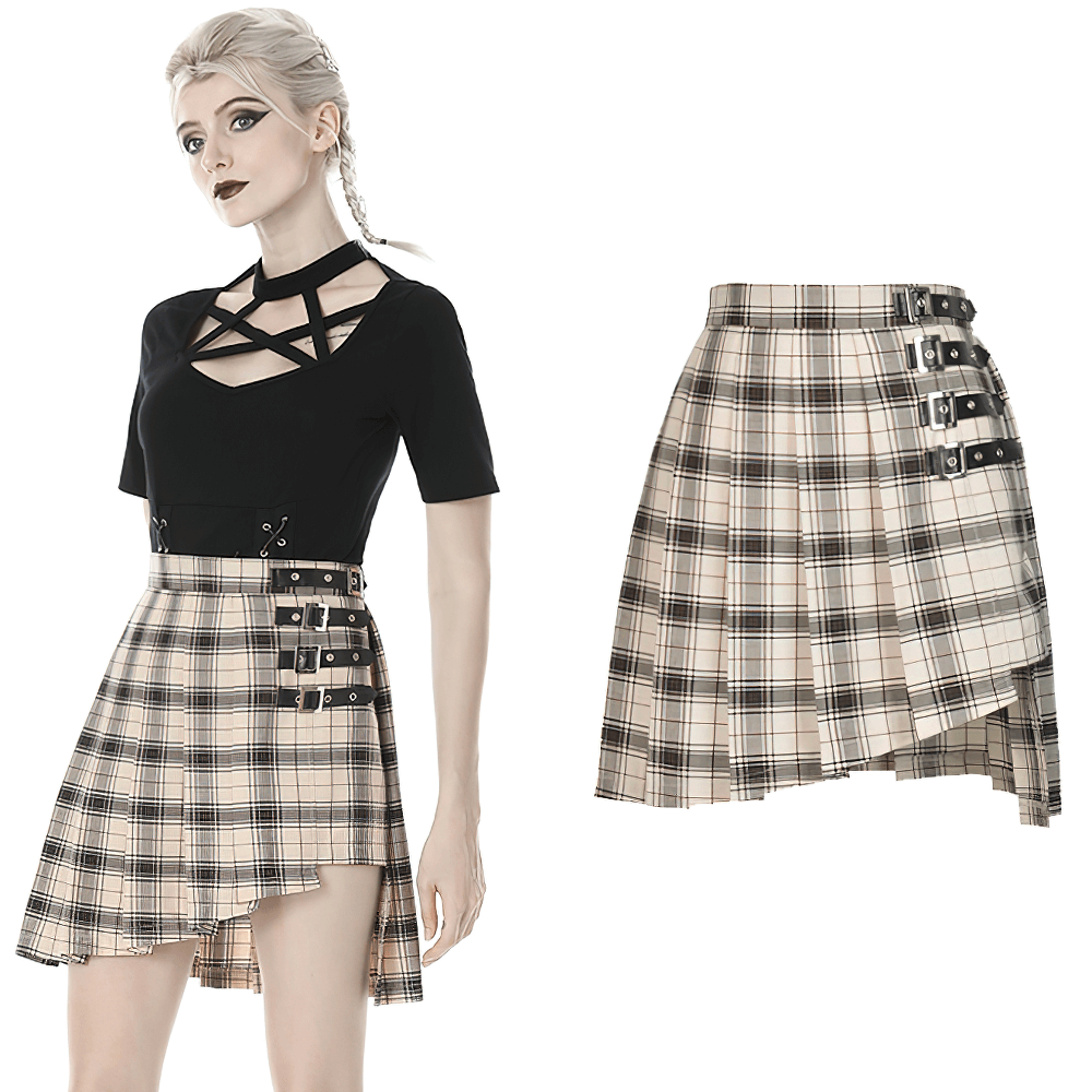 Edgy Plaid Asymmetrical Skirt with Bold Buckles