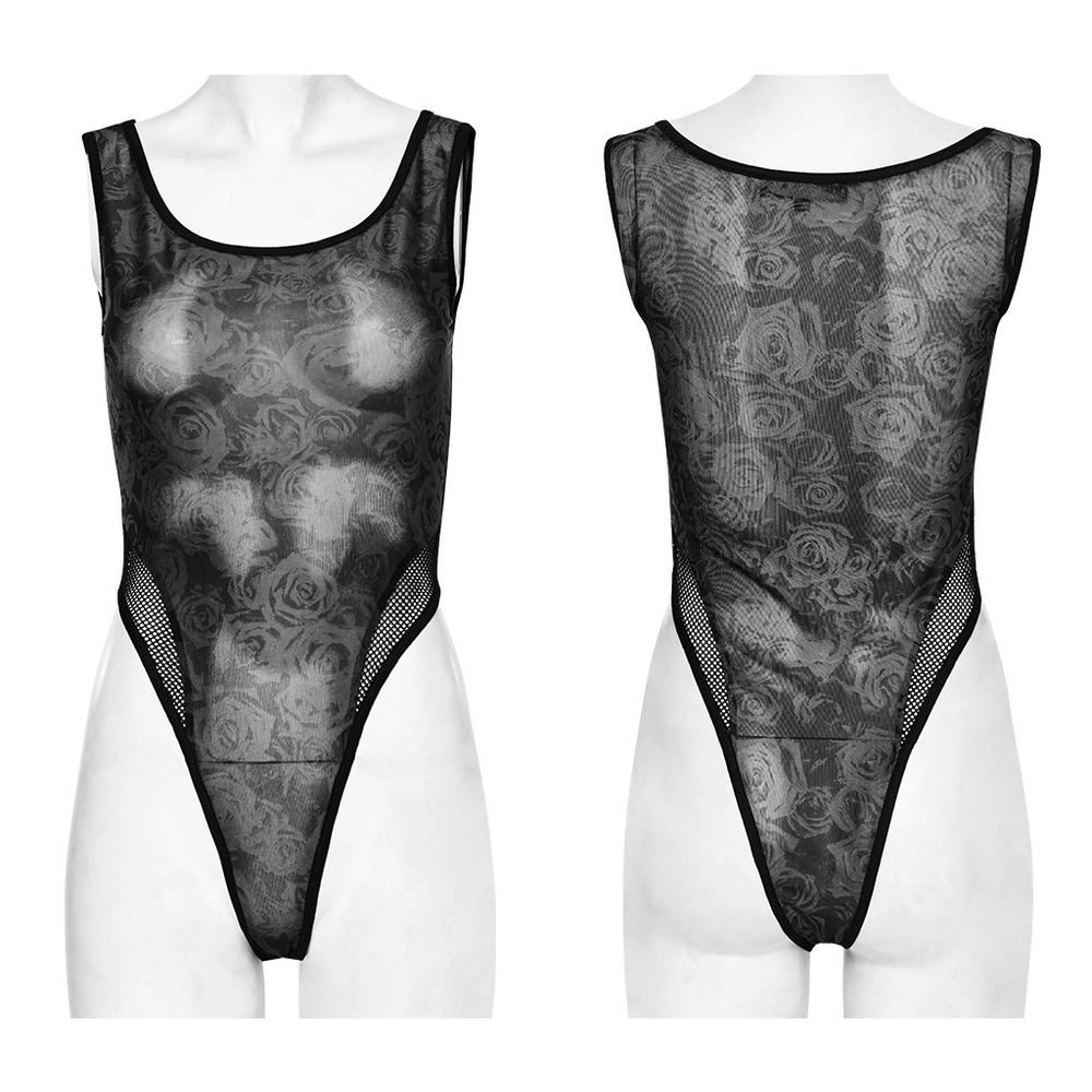 Edgy Women's Black Floral Bodysuit with Mesh Accents