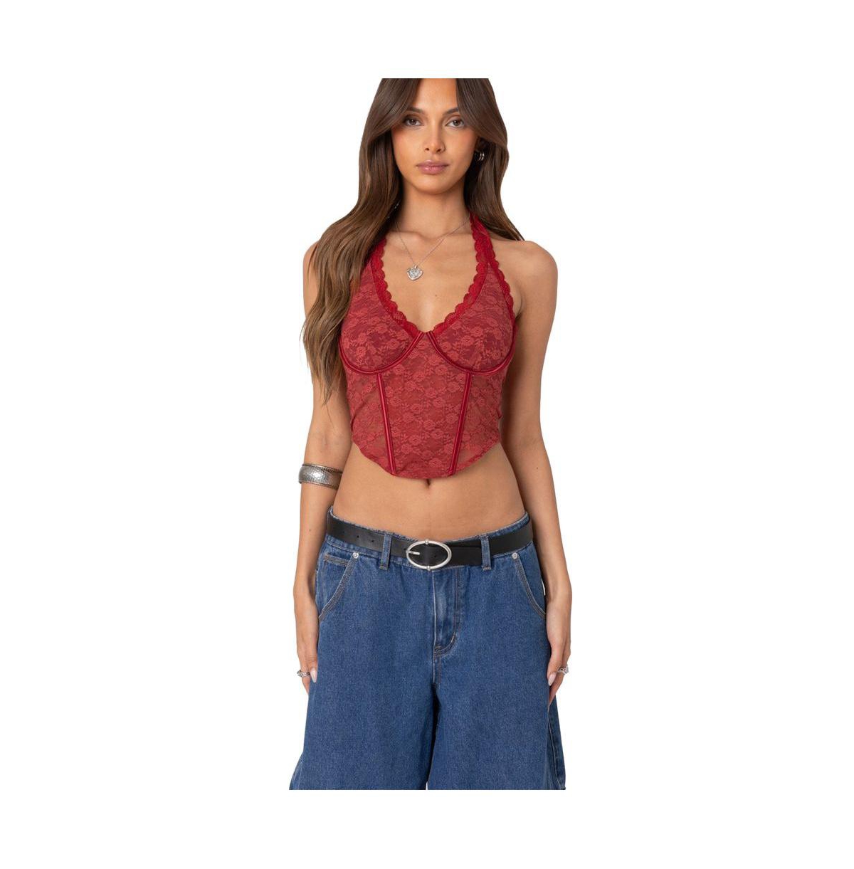 Edikted Chica lace halter corset top - Burgundy