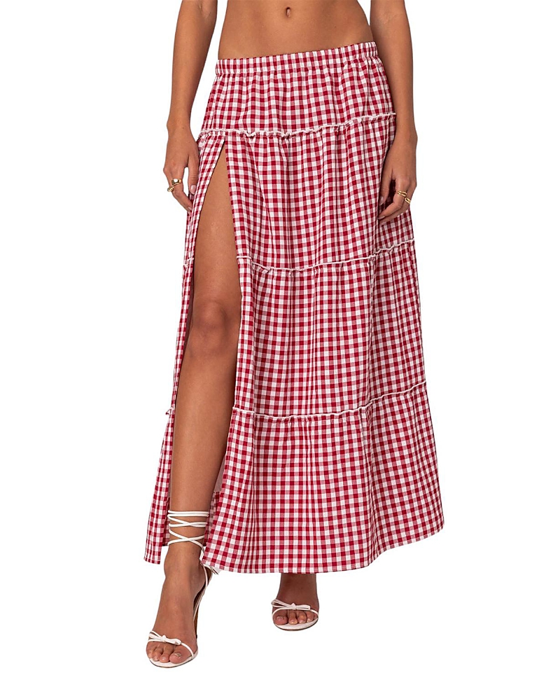 Edikted Gingham Side Slit Tiered Maxi Skirt