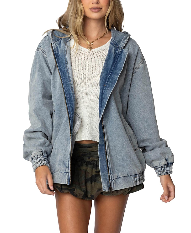 Edikted Hooded Vintage Washed Denim Bomber Jacket