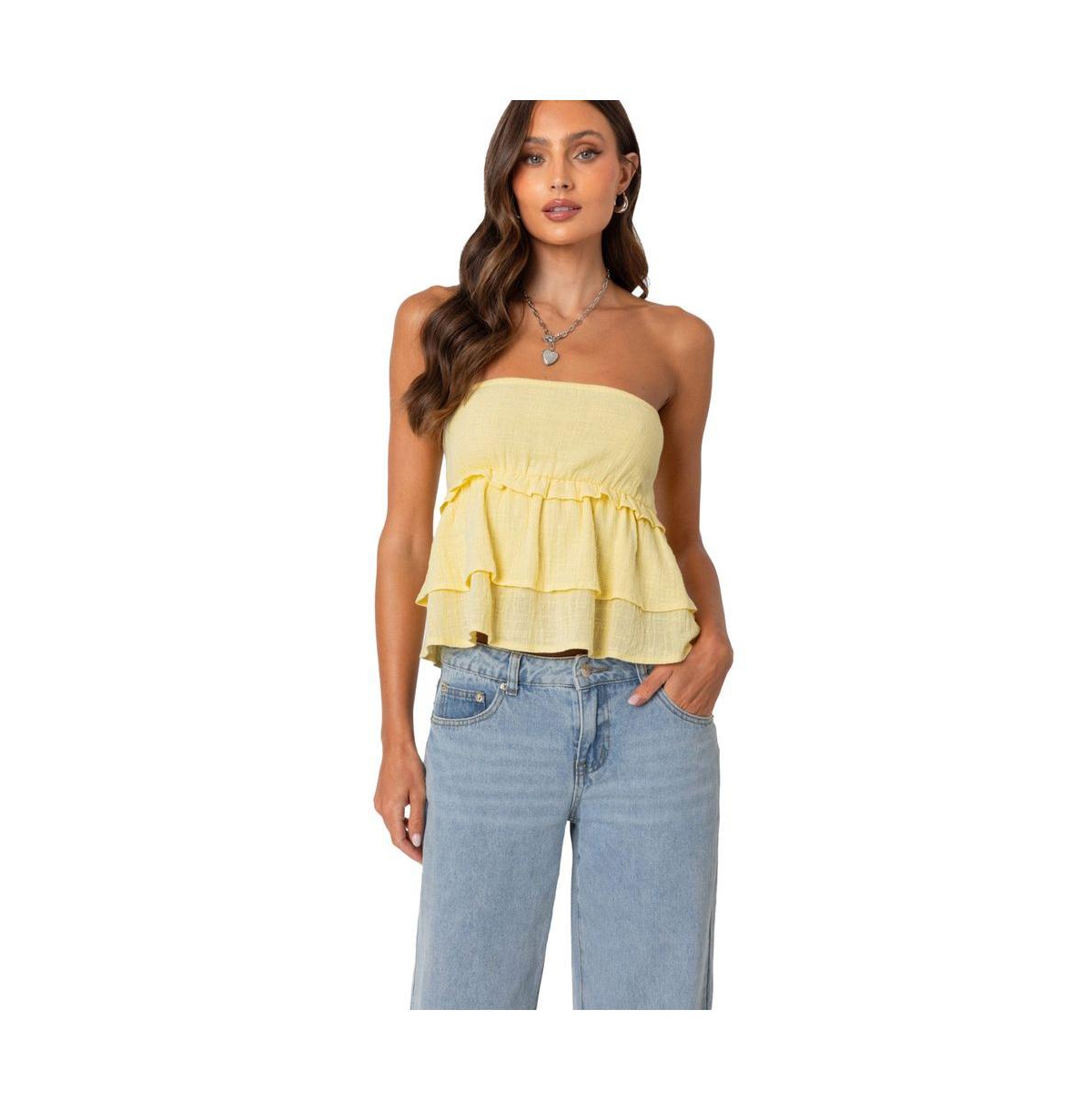 Edikted Linen look strapless peplum top - Yellow