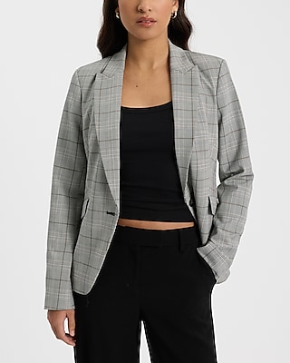 Editor Plaid Fitted One Button Cropped Business Blazer