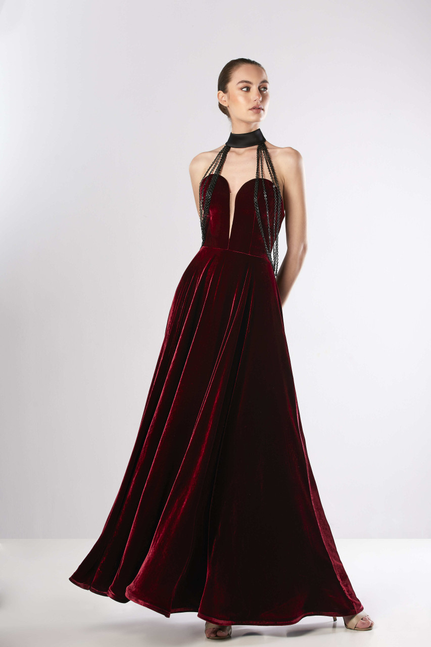 Edward Arsouni Halter Neck Velvet Gown (US 14)