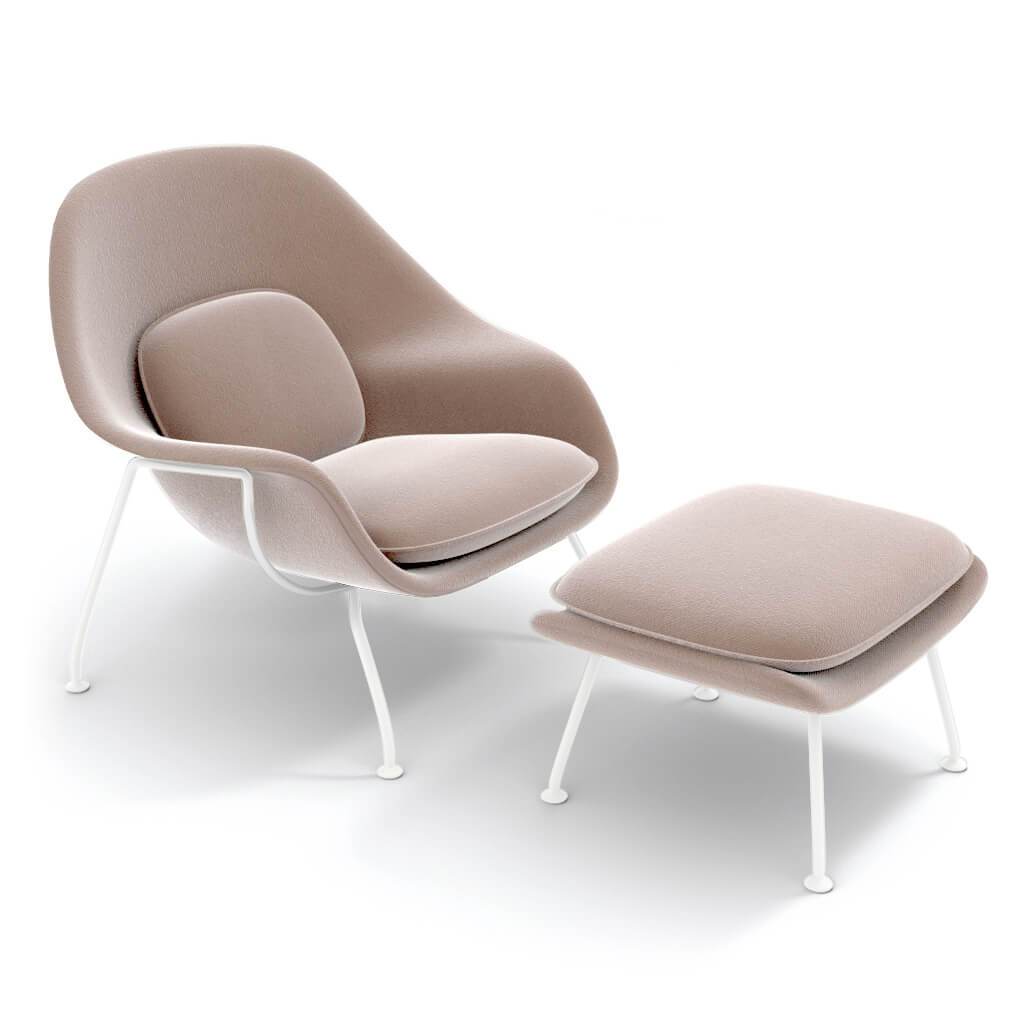 Eero Saarinen Womb Chair & Ottoman - White Powder-Coated Steel Legs Cashmere-Cape Sands