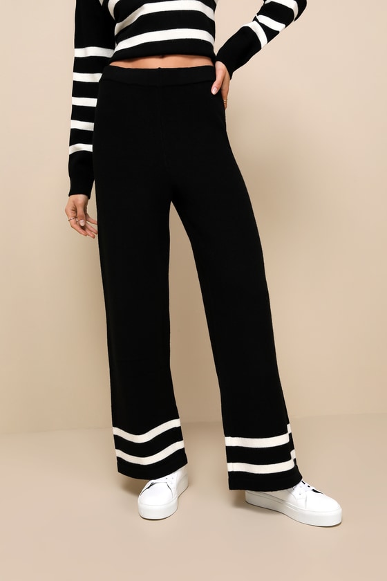 Effortlessly Charming Black Striped Wide-Leg Sweater Pants