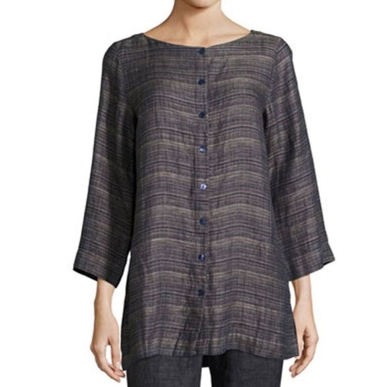 Eileen Fisher Coastline Organic Linen Button Down Tunic Top in Blue, Women's (Size Small)