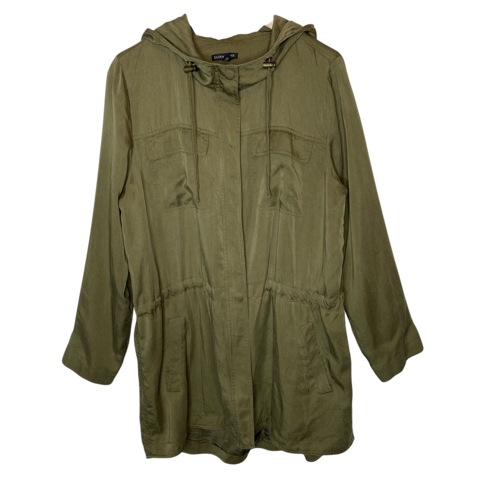 Eileen Fisher Long Hooded Anorak Utility Jacket Army Green, Women's (Size Large)