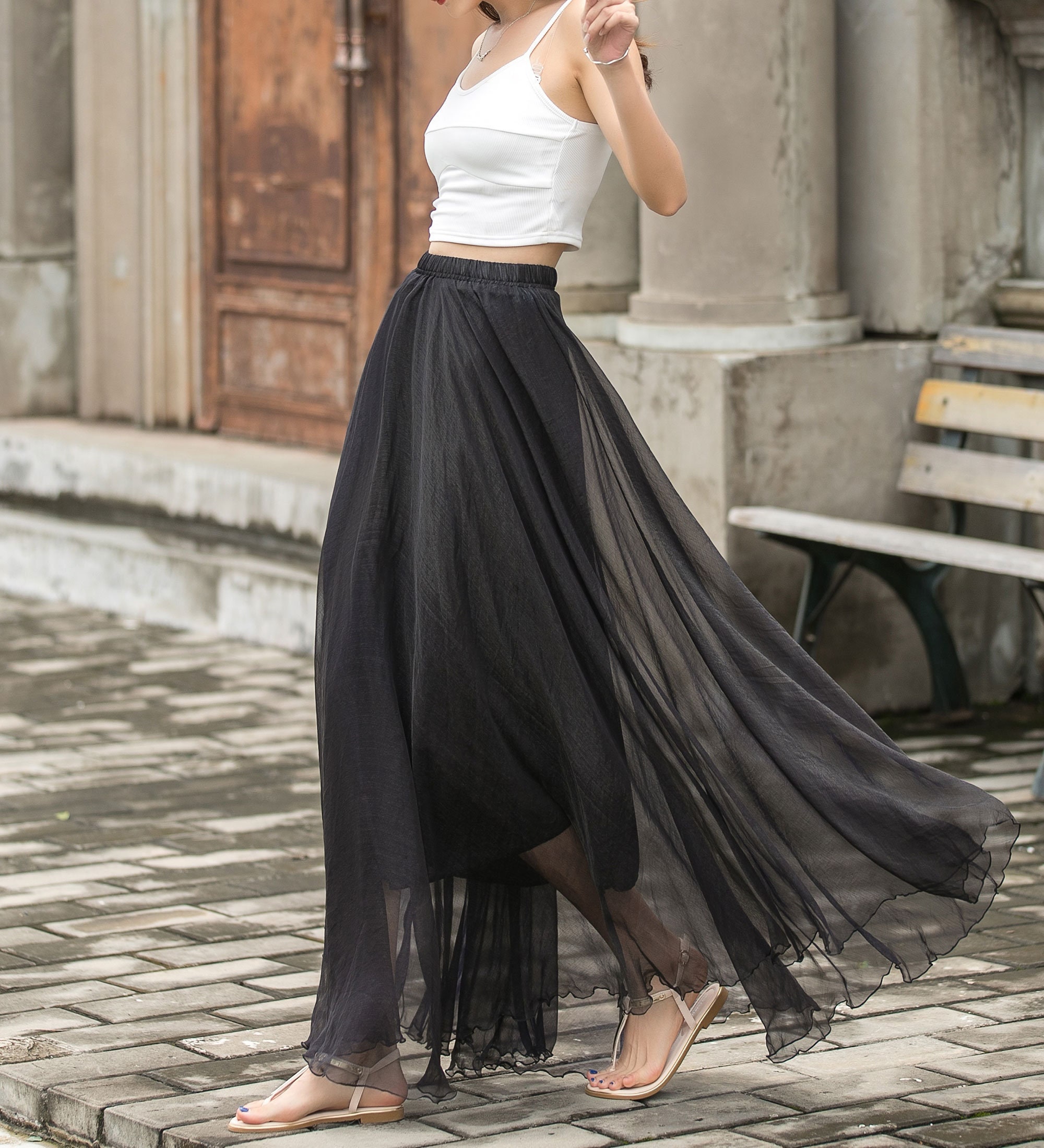 Elastic Waist Boho Chiffon Maxi Skirt, Women Black Beach Summer Big Swing Pleated Circle Long Dance Skirt 3692