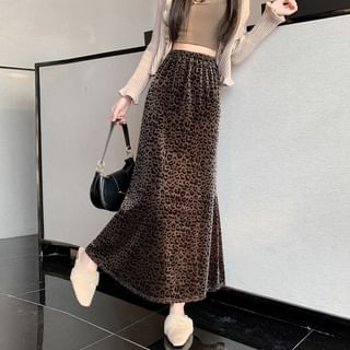 Elastic Waist Leopard Patterned Velvet Maxi Mermaid Skirt