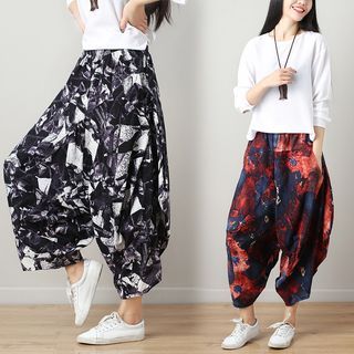 Elastic Waist Patterned Print Cropped Harem Pants