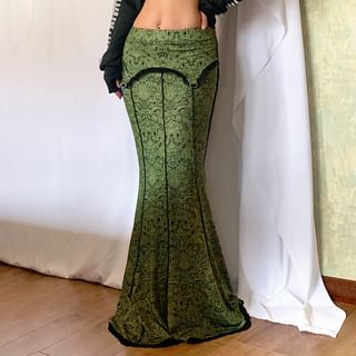 Elastic Waist Print Lace Trim Maxi Mermaid Skirt