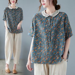 Elbow-Sleeve Eyelet Lace Collar Floral Print Blouse / High Rise Plain Cropped Baggy Pants / Set