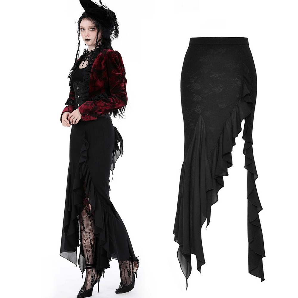 Elegant Asymmetrical Long Skirt with Slit and Ruffles