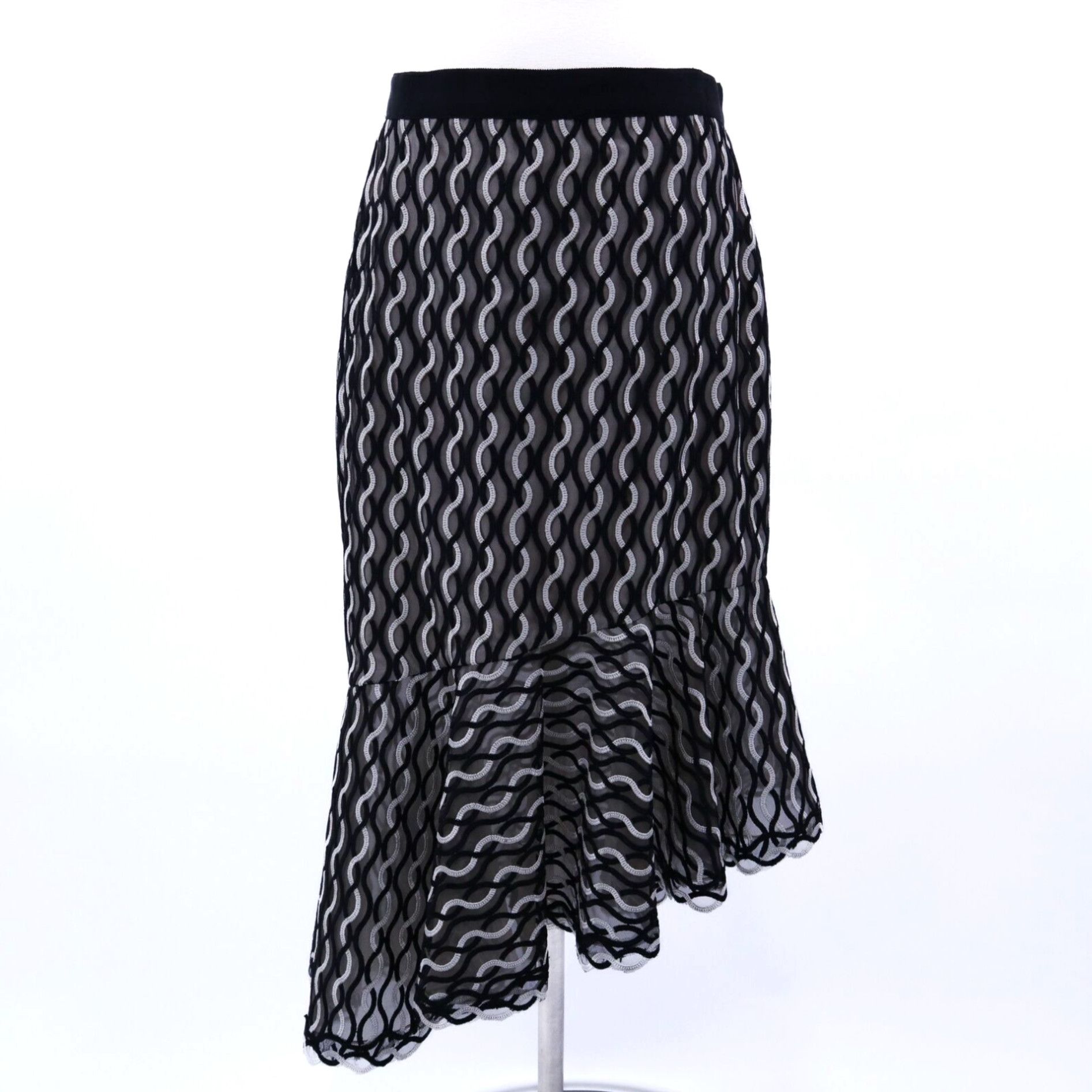 Elegant Asymmetrical Mermaid Midi Skirt In Black And White Mesh With Embroidered Details For Women Size 10 By Lela Rose