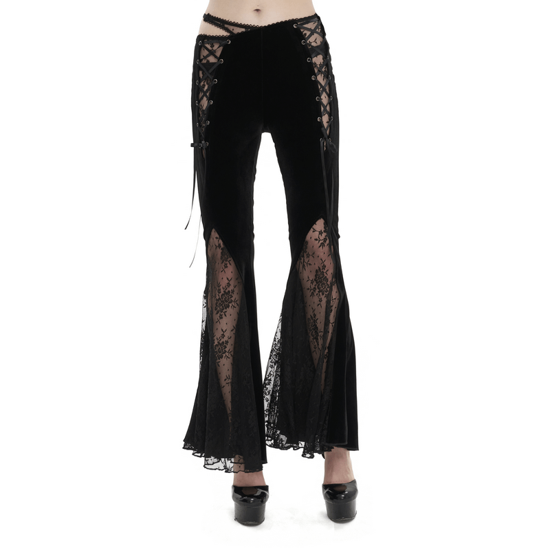 Elegant Cutout Velvet Flared Pants / Gothic Lace-Up Lace Black Trousers for Women