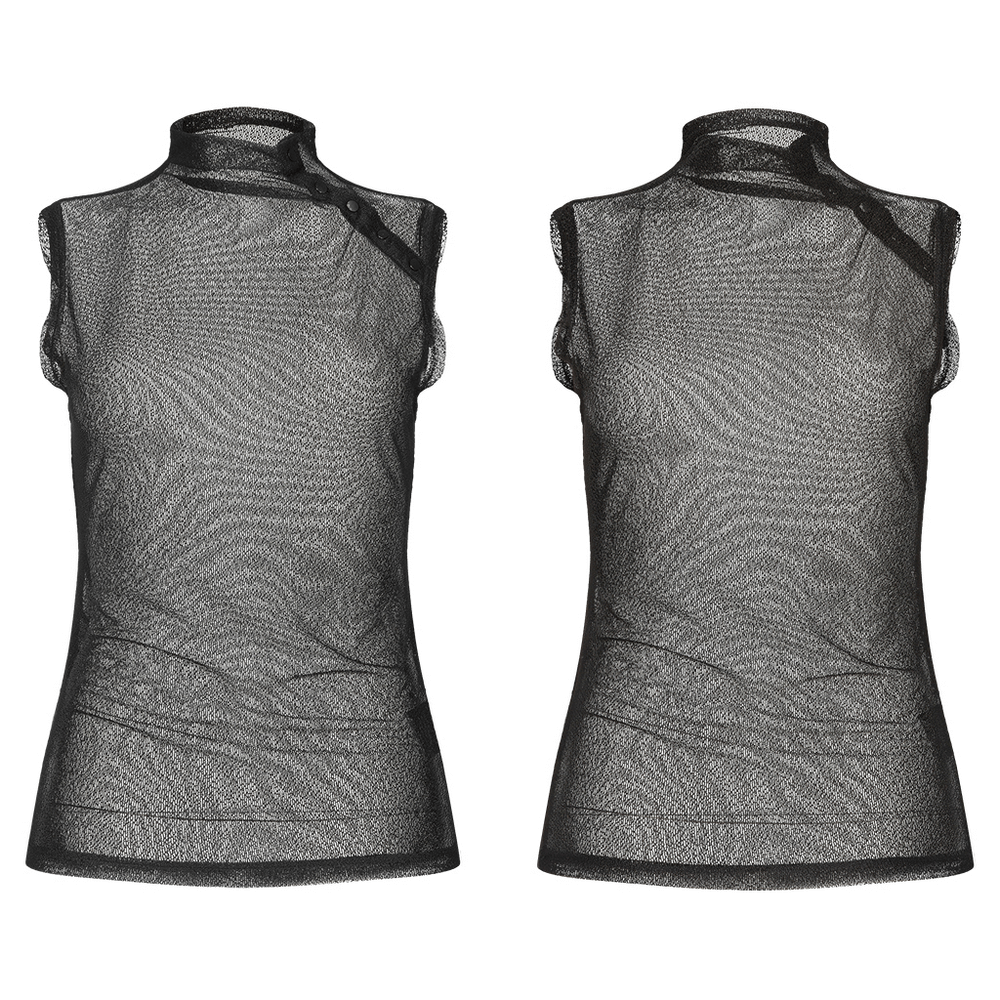 Elegant Gothic Black Mesh Top Sleeveless with High Neck