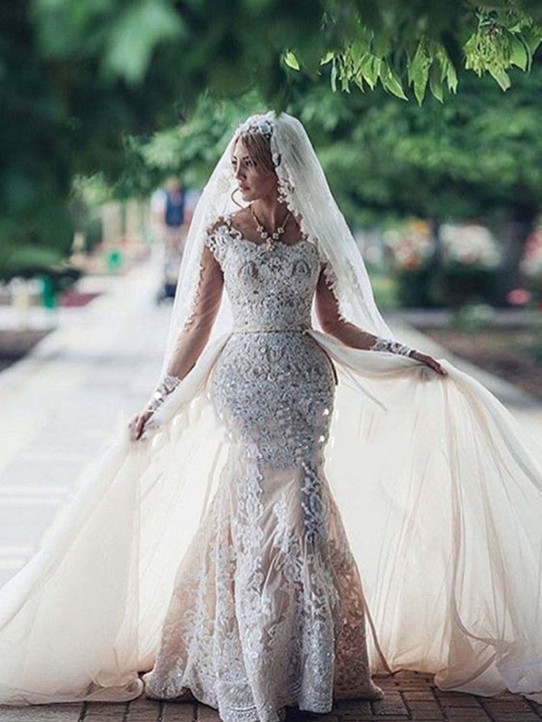 Elegant Mermaid Long Sleeve Lace Wedding Dresses | Elegant Lace Appliques Detachable Skirt Bridal Gowns