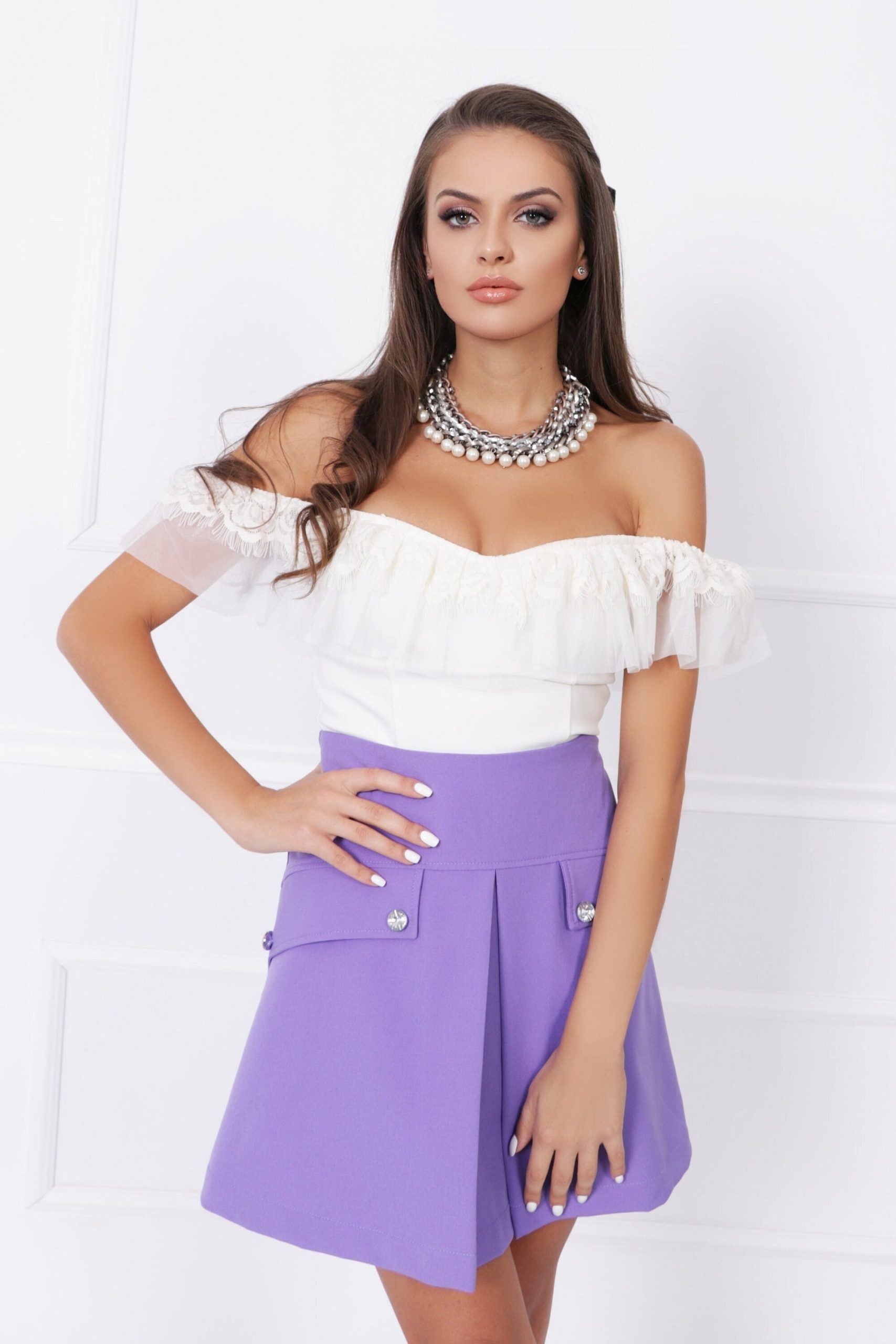 Elegant Off-The-Shoulder White Blouse With Chiffon & Lace Ruffle Neckline Detail, Formal Top, Event Blouse, Flounce Top