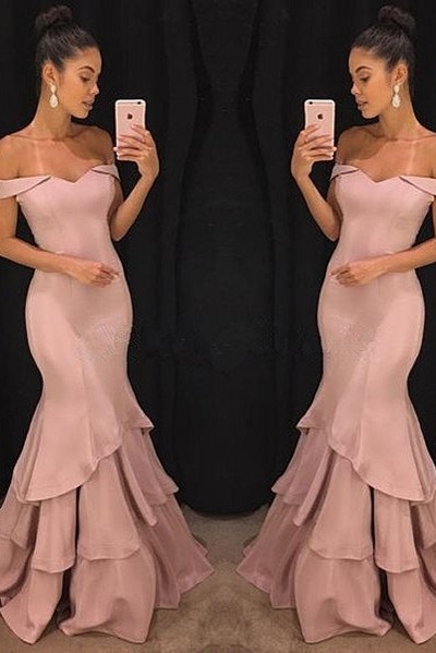 Elegant Pink Mermaid Prom Dresses | Off-the-Shoulder Evening Gowns with Ruffles Skirt