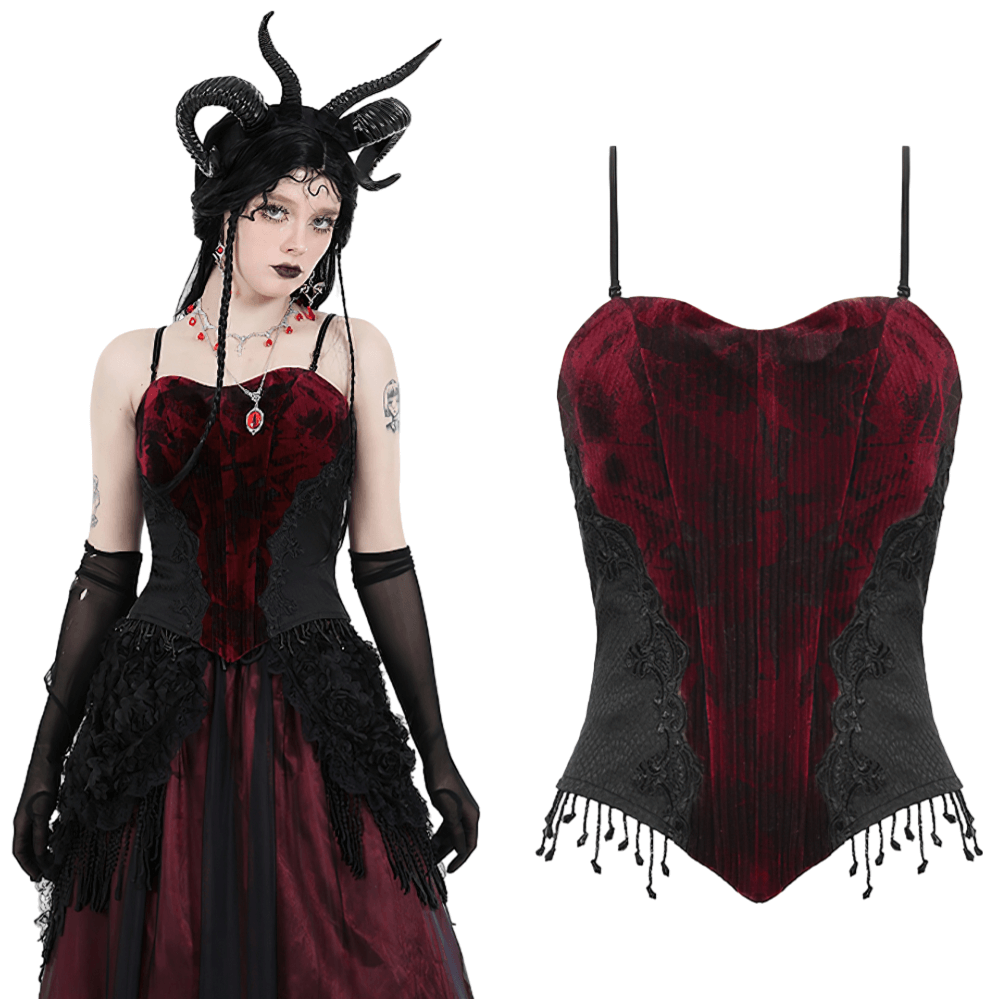 Elegant Velvet and Lace Corset Top with Tassels