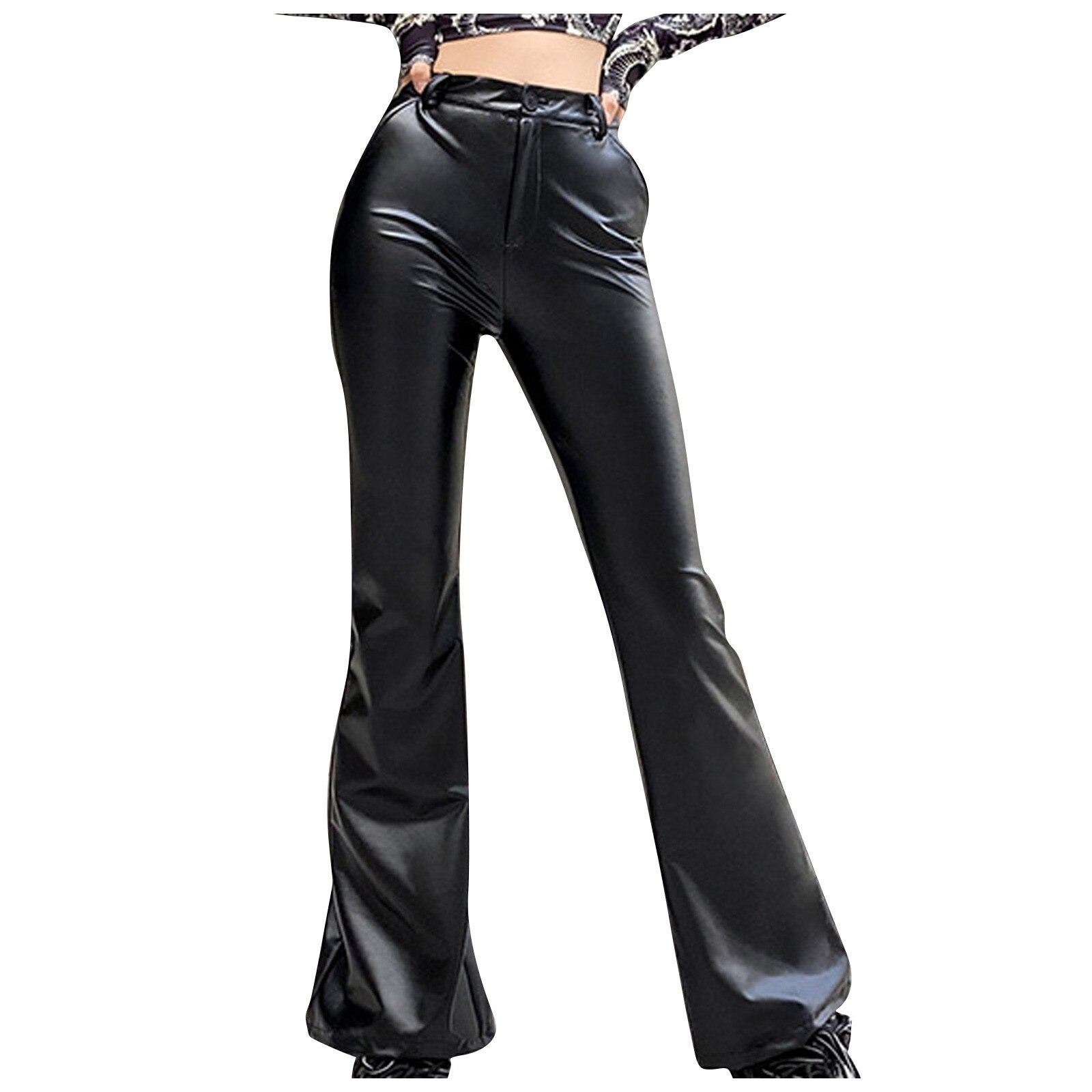 Elegant Vintage Black Faux Leather Pants / Women Autumn High Waist Skinny Trousers