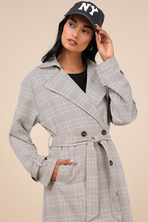 Elevated Weather Grey Plaid Belted Trench Coat