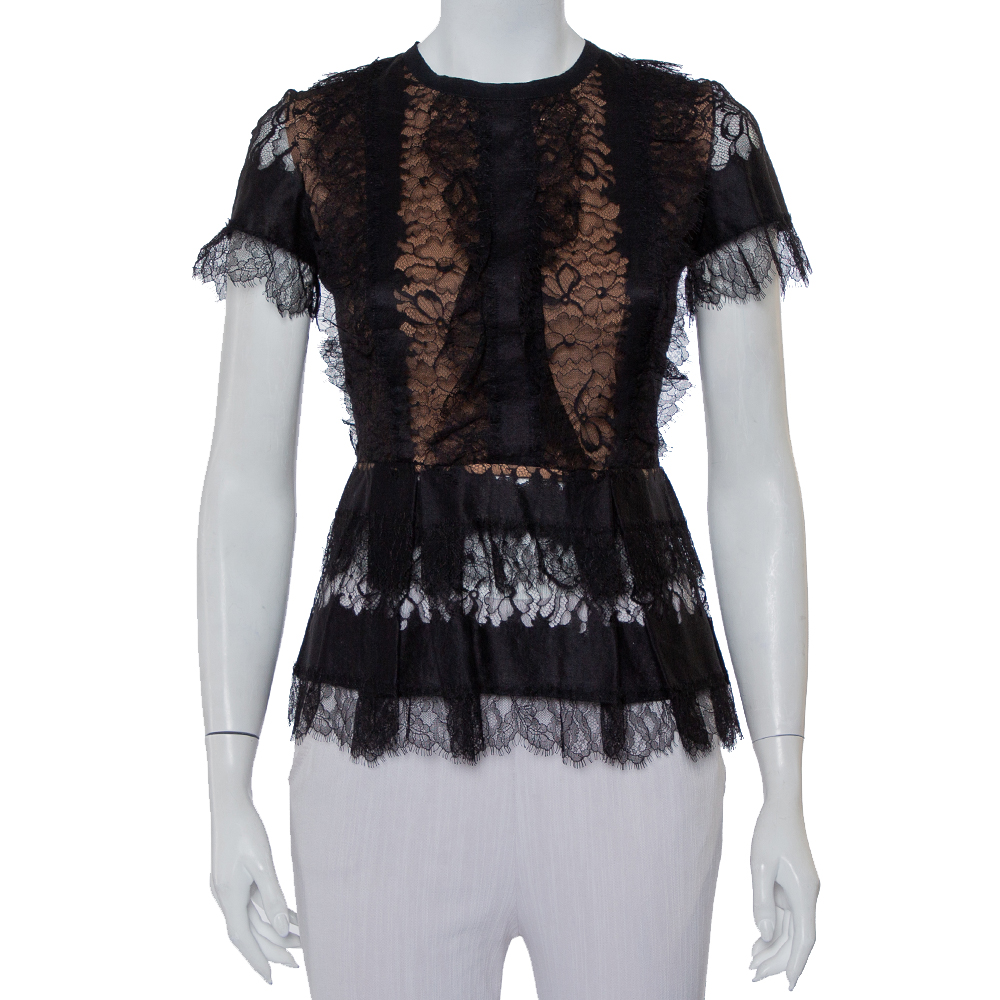 Elie Saab Black Lace Short Sleeve Peplum Top XS