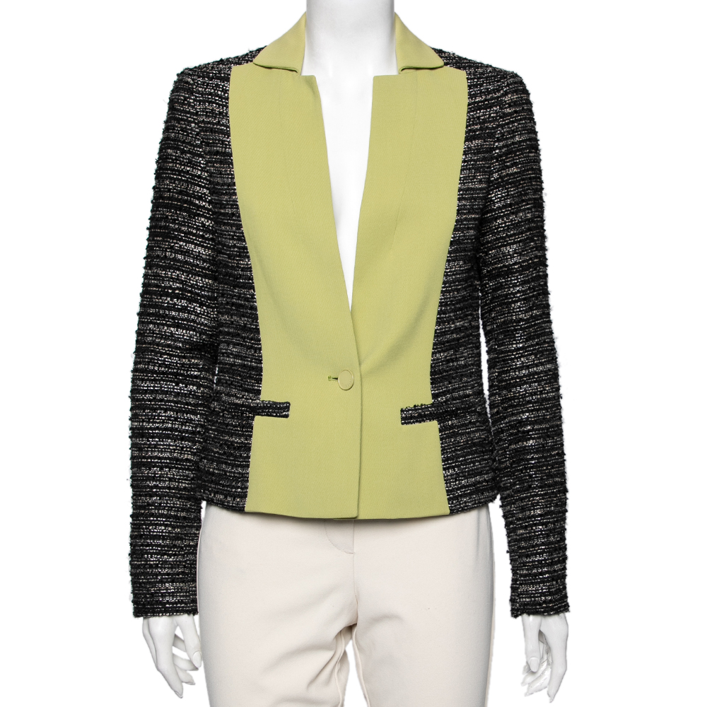 Elie Saab Black & Green Tweed Crepe Paneled Cropped Blazer S