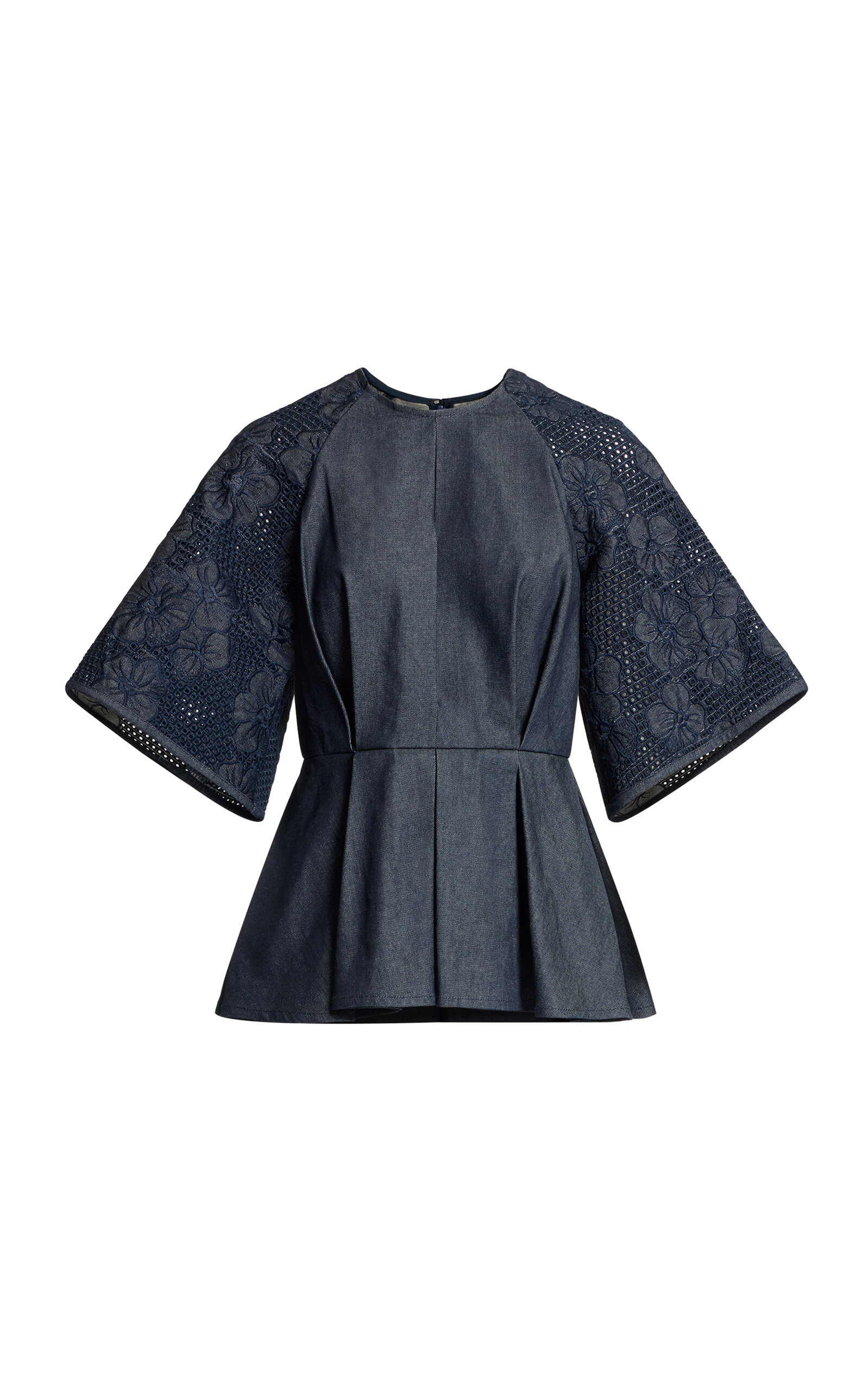 Elie Saab - Embroidered Denim Peplum Top - Blue - FR 36 - Moda Operandi