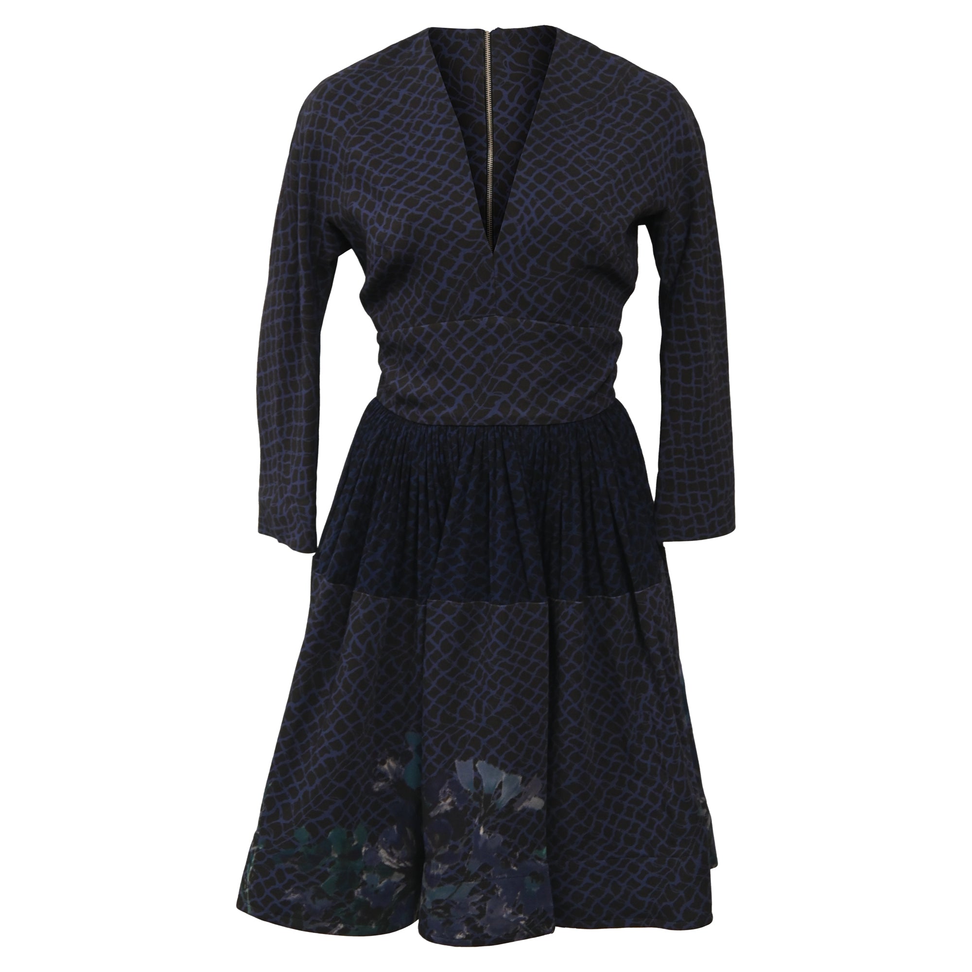 Elie Saab Printed A-Line Knee Length Dress in Navy Blue Polyester