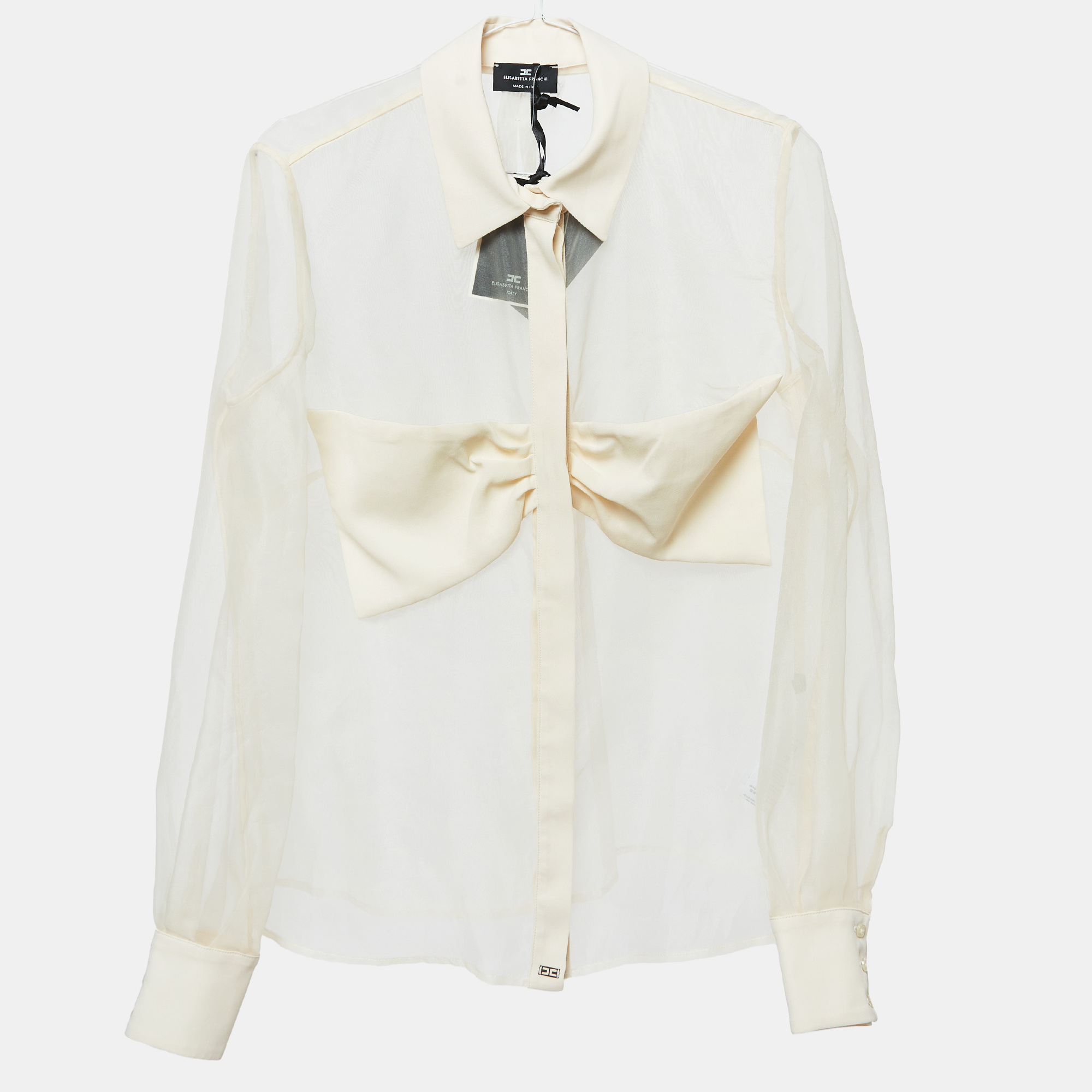 Elisabetta Franchi Beige Bow Detail Organza Sheer Shirt M