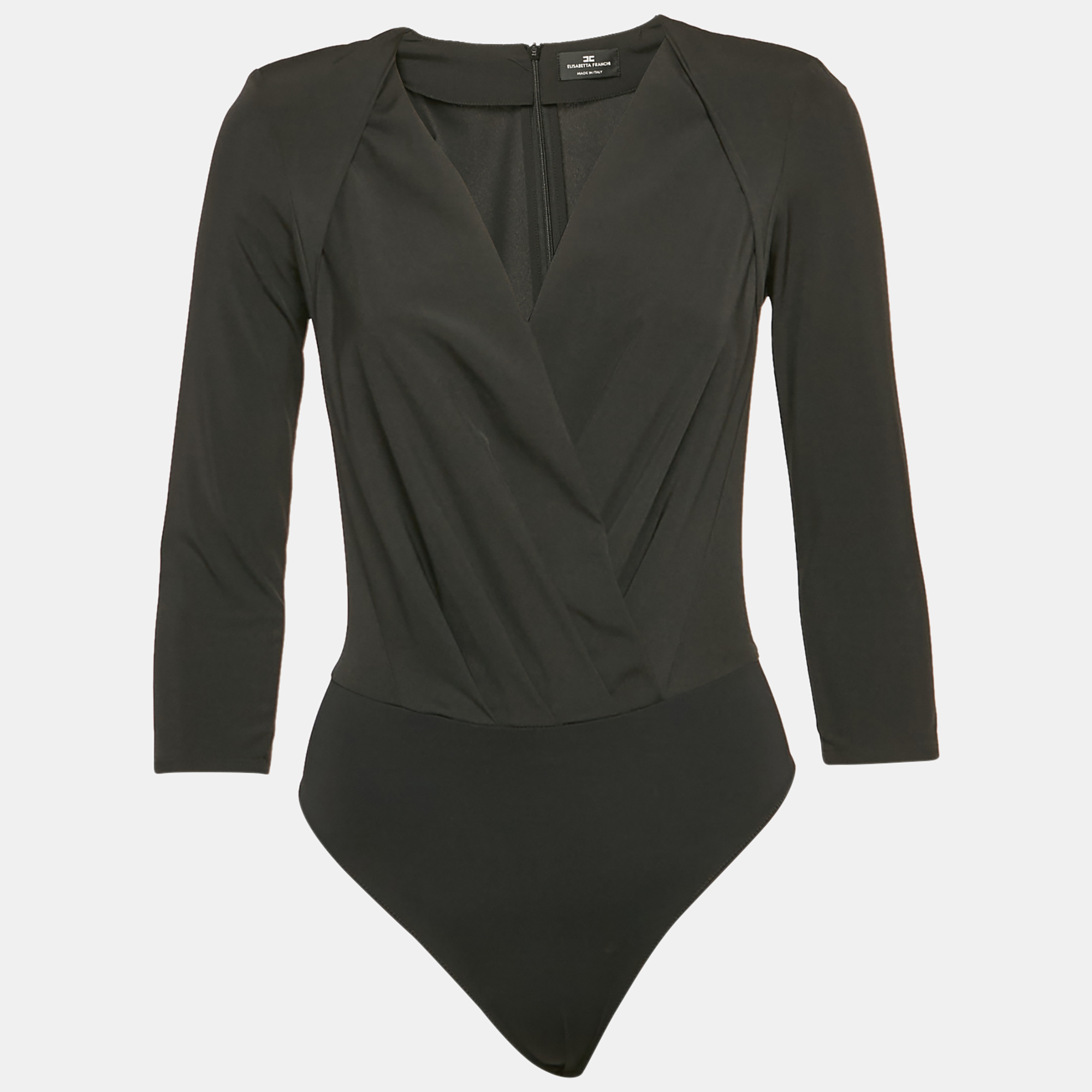 Elisabetta Franchi Black Crepe Plucking Neck Bodysuit S