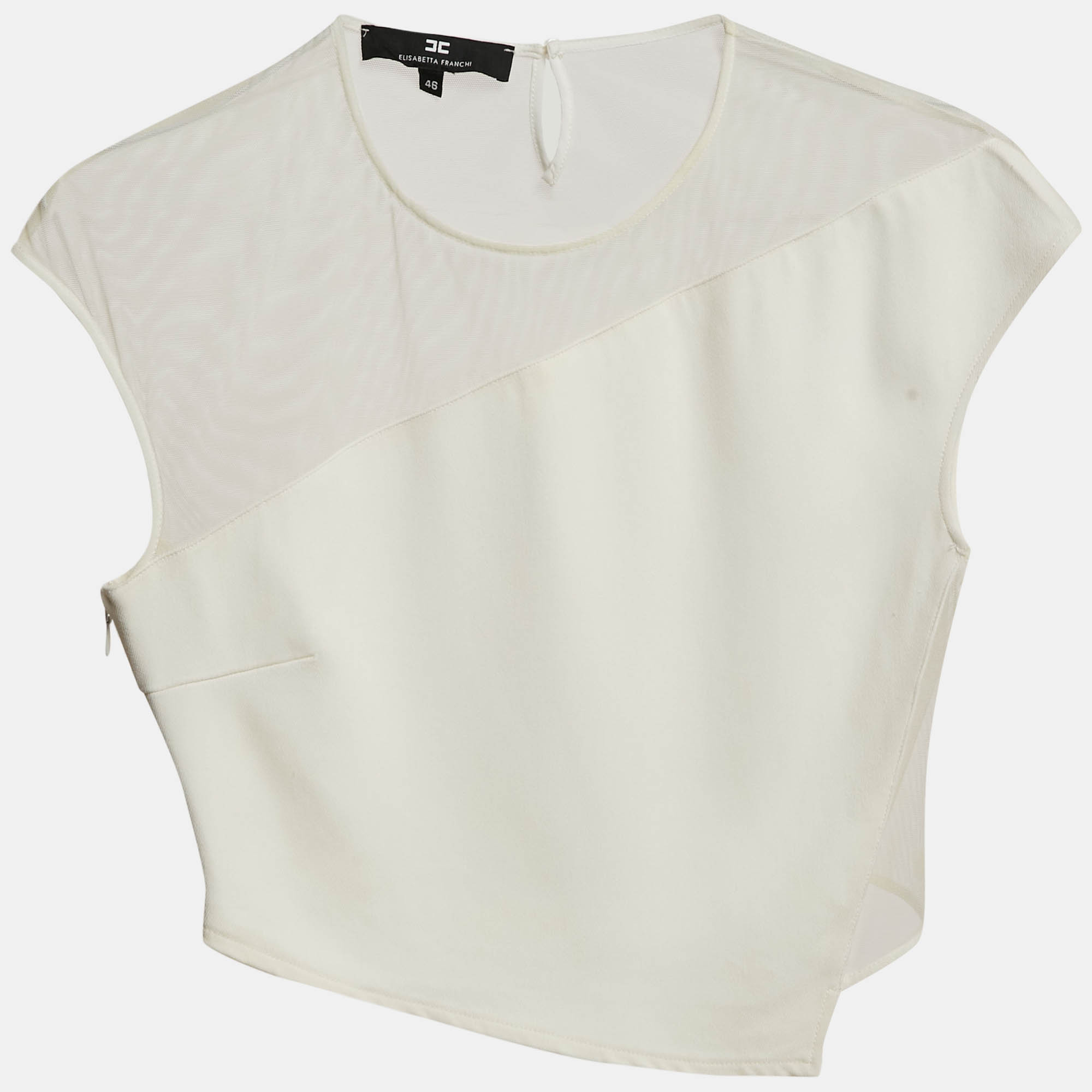 Elisabetta Franchi White Crepe and Mesh Crop Top L