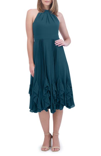 Eliza J Ruffle Pleat Halter Neck Cocktail Dress in Teal at Nordstrom Rack, Size 0