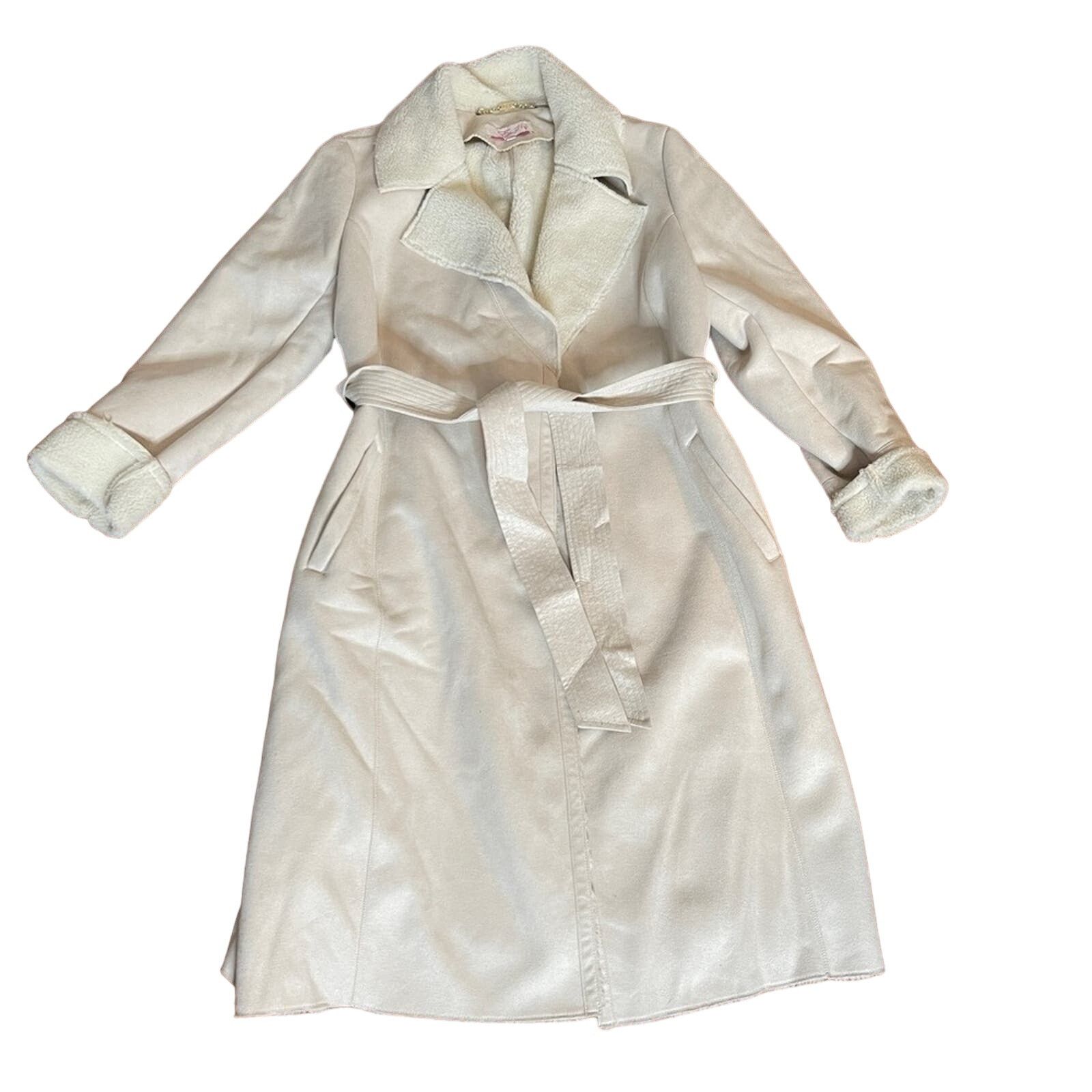 Eliza J. Faux Shearling Suede Wrap Trench Coat in Cream, Women's (Size XL)