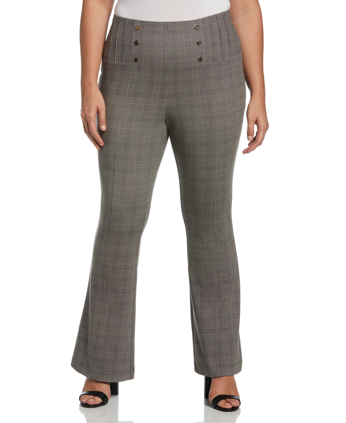 Ella Rafaella Plus Size Button Detail Plaid Bootcut Pants - Stone