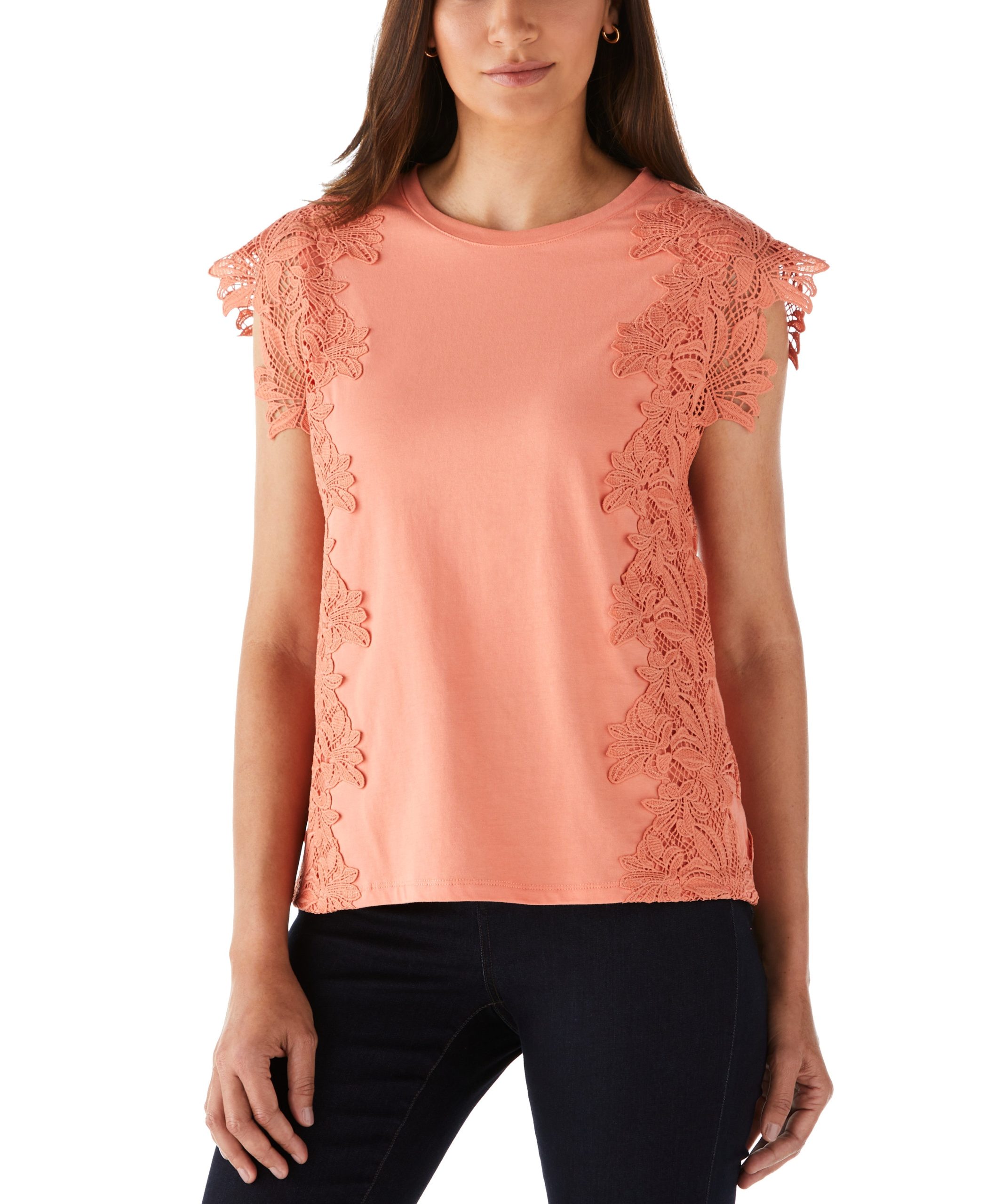 Ella by Rafaella Women's Petite Knit Top With Lace Detail in Crabapple, Size LP, Solid, 100% Cotton