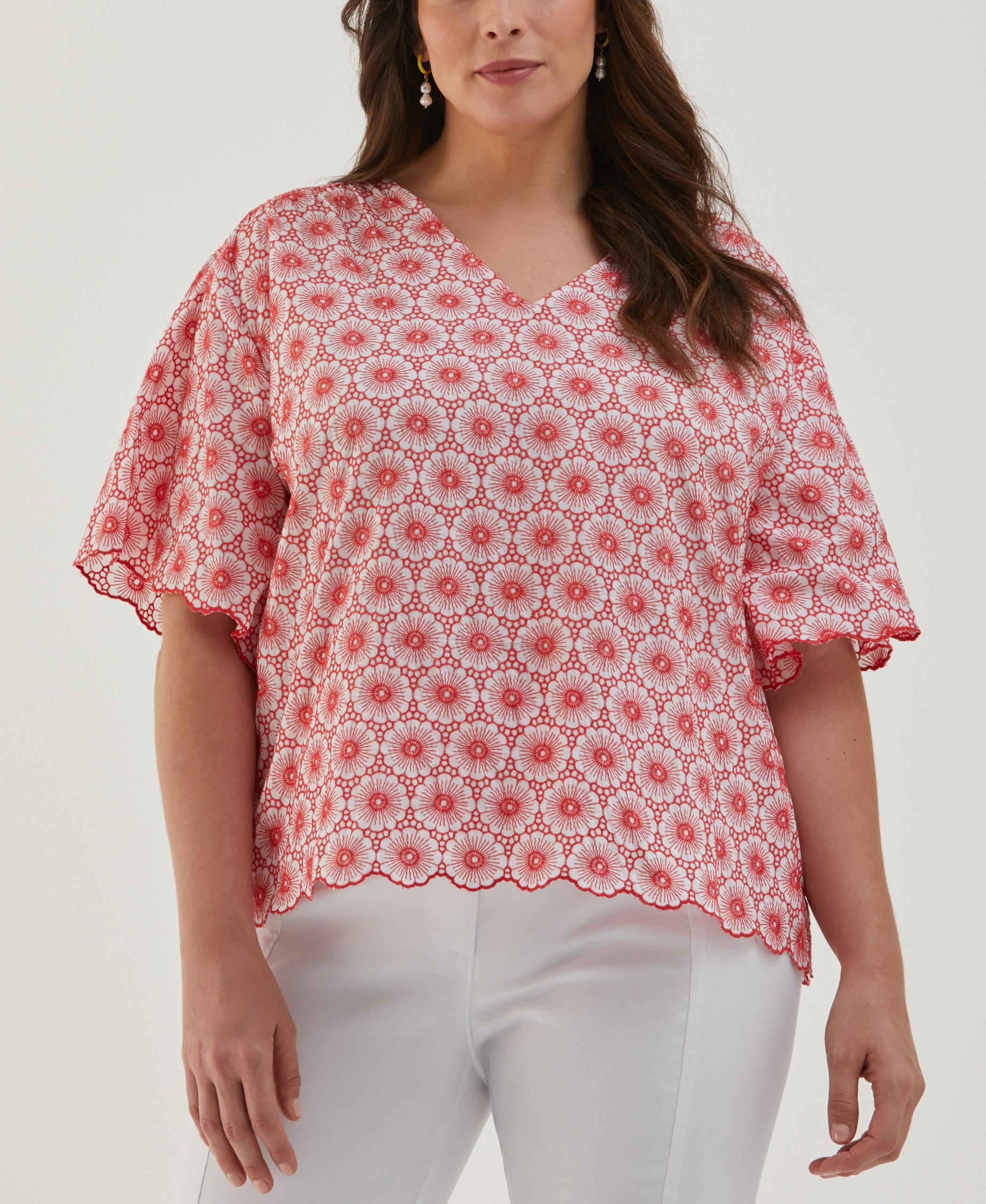 Ella by Rafaella Women's Plus Size Daisy Embroidered Blouse in Hibiscus Pink, Size 1X, Floral, 100% Cotton