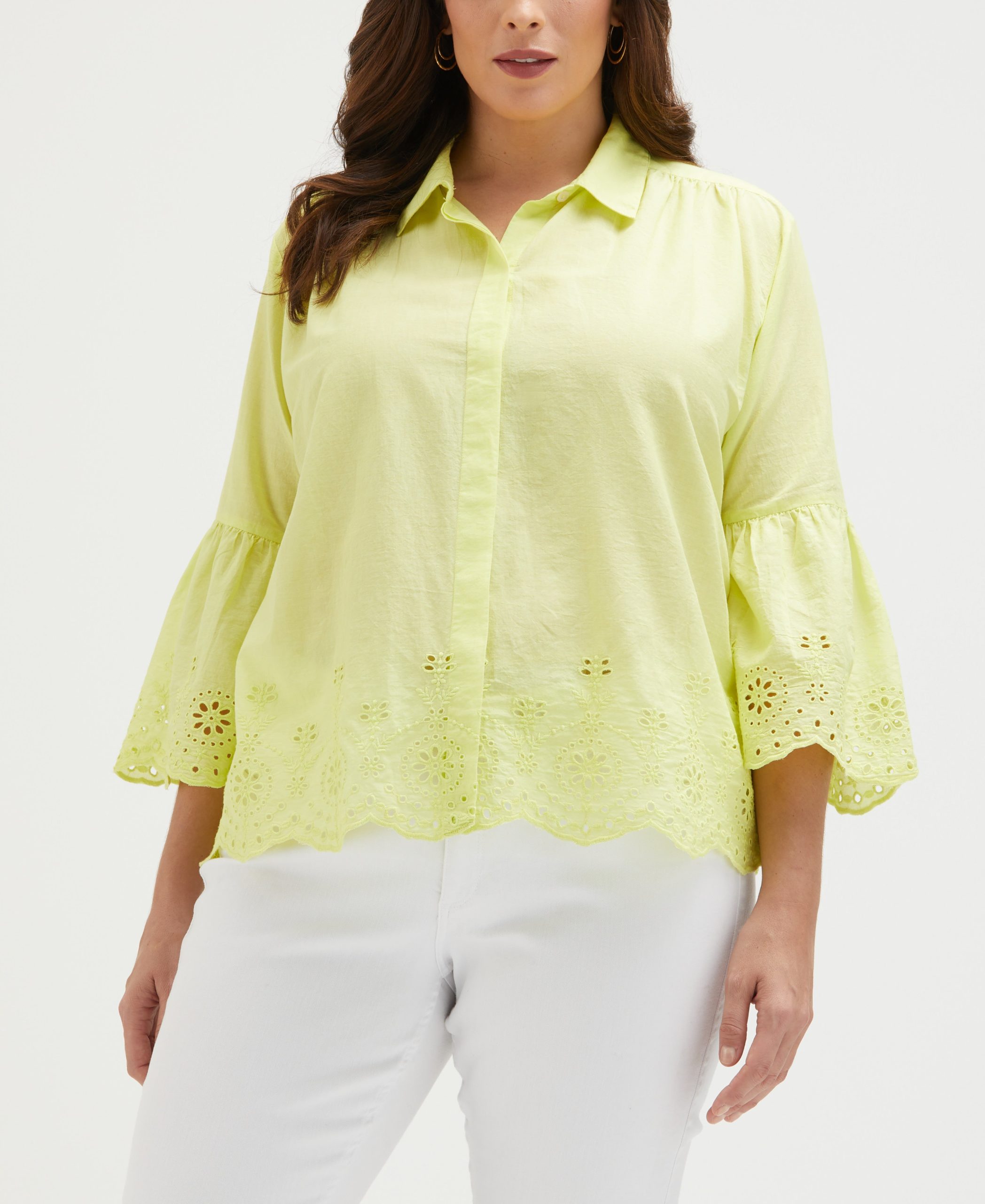 Ella by Rafaella Women's Plus Size Embroidered Blouse in Sunny Lime Green, Size 2X, Solid, 100% Cotton