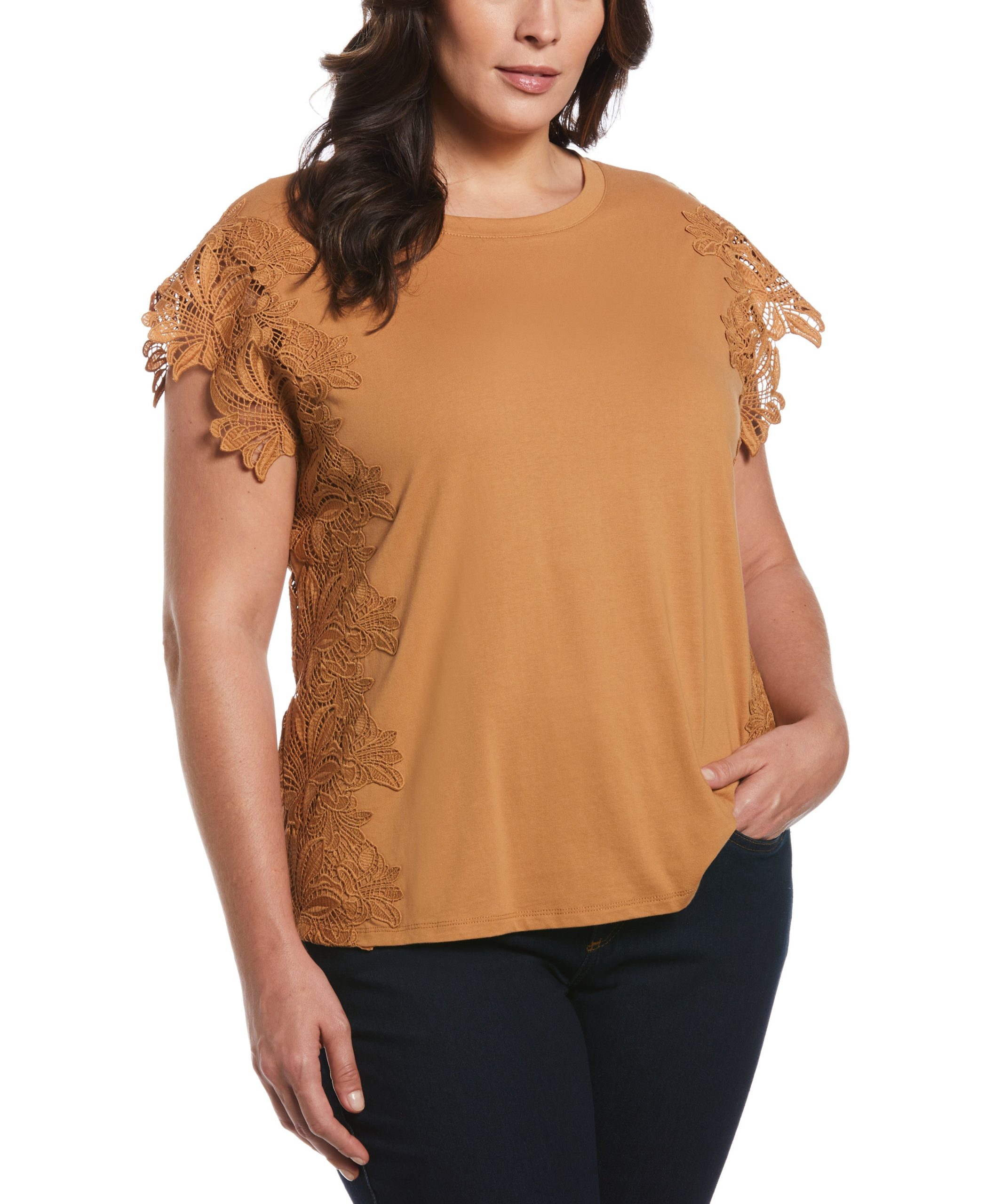 Ella by Rafaella Women's Plus Size Knit Top With Lace Detail in Chipmunk, Size 1X, Solid, 100% Cotton