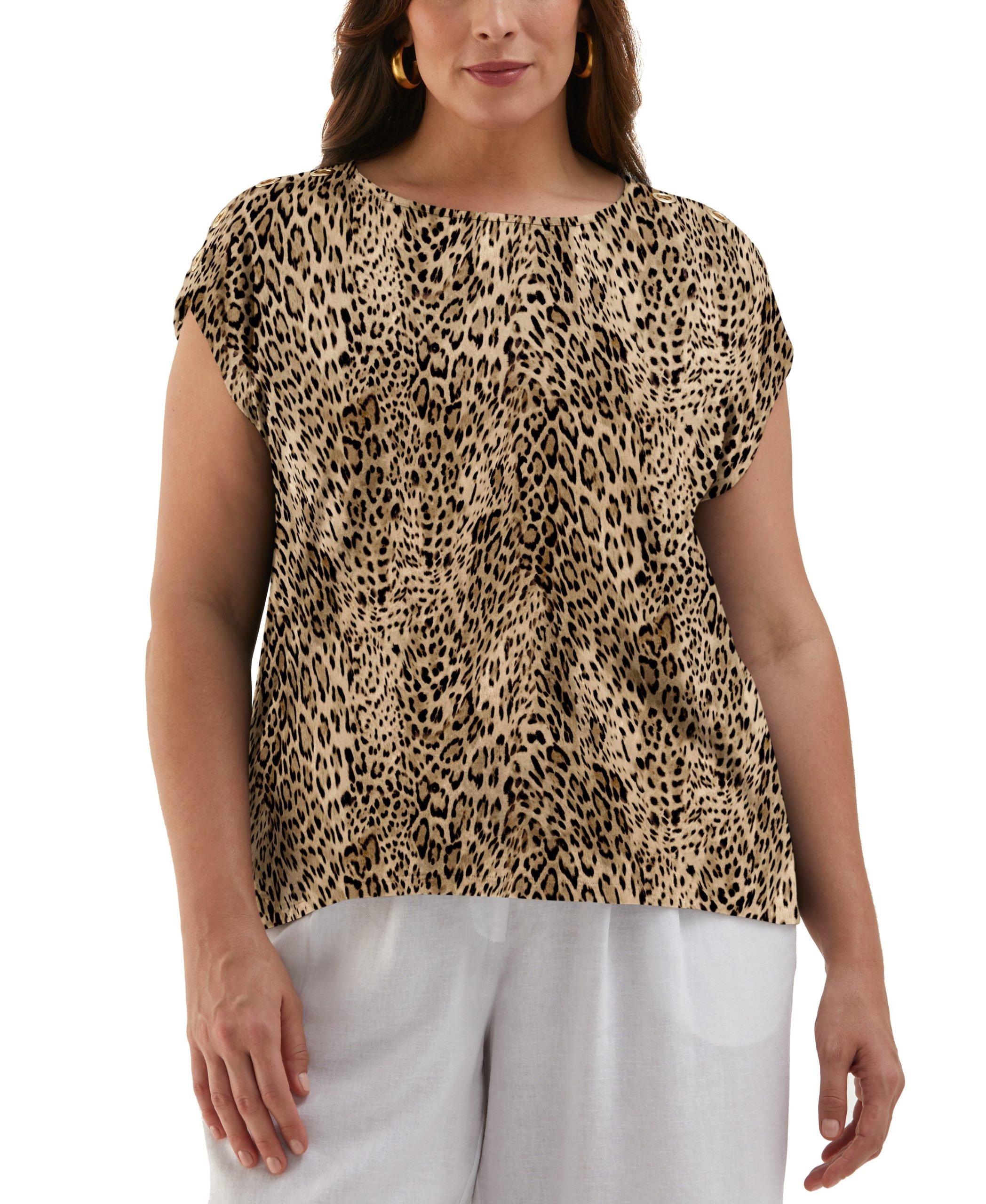 Ella by Rafaella Women's Plus Size Leopard Print Rivet Detail Tank Top in Irish Cream Beige, Size 1X, Animal Print, Cotton/Viscose/Spandex