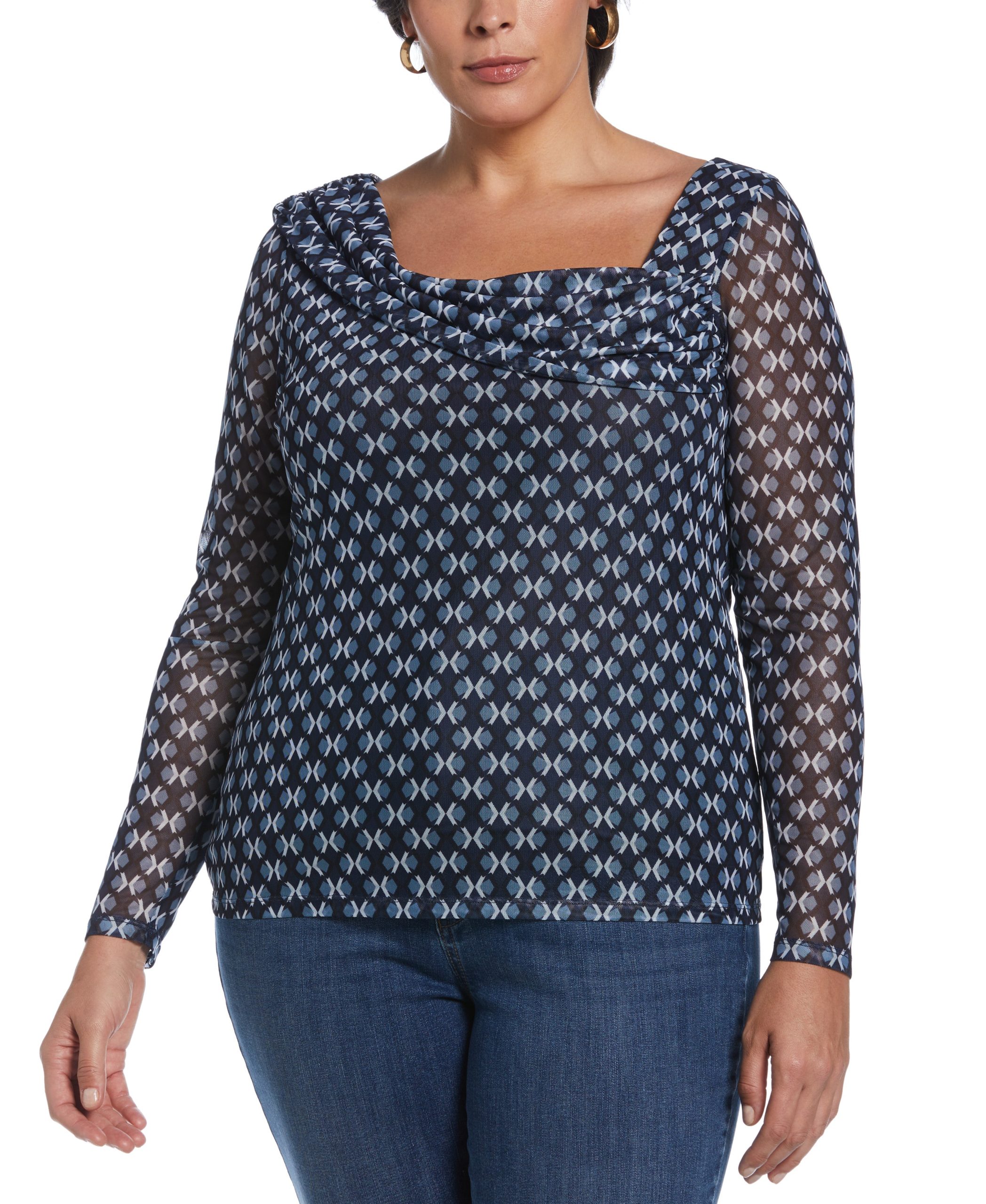 Ella by Rafaella Women's Plus Size Printed Mesh Drape Neck Top in Mood Indigo Blue, Size 1X, Patterned, Polyester/Spandex