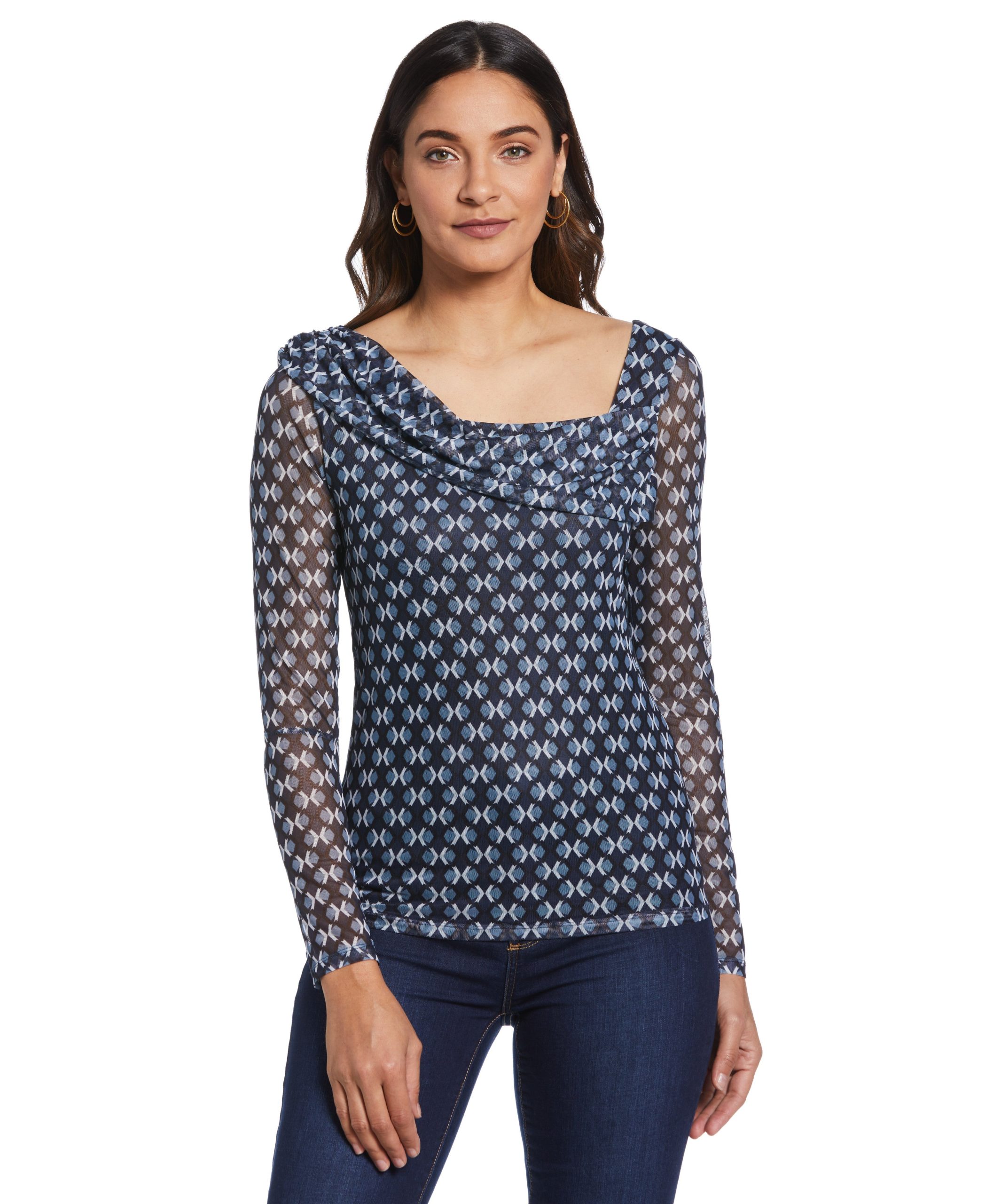 Ella by Rafaella Women's Printed Mesh Drape Neck Top in Mood Indigo Blue, Patterned, Polyester/Spandex