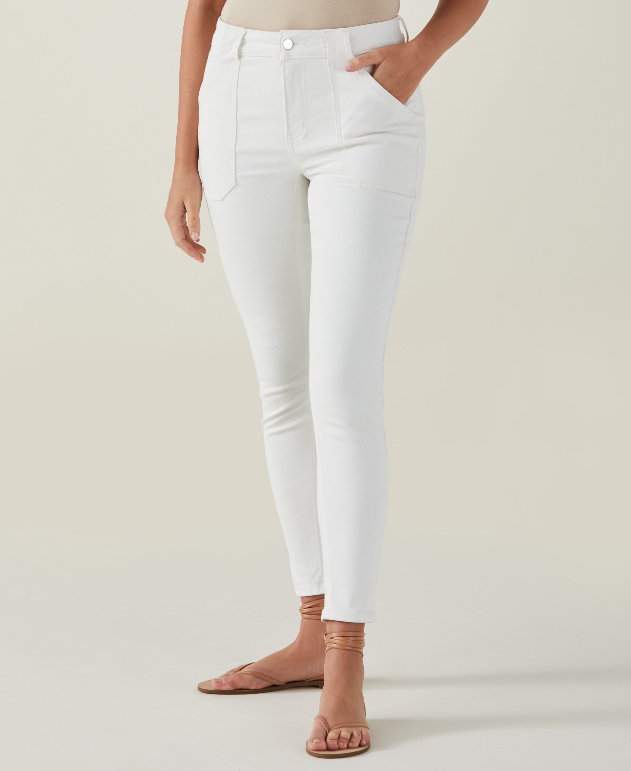 Ella by Rafaella Women's Slim Leg Cargo Denim Pants in White, Size 16, Solid, Cotton/Polyester/Other