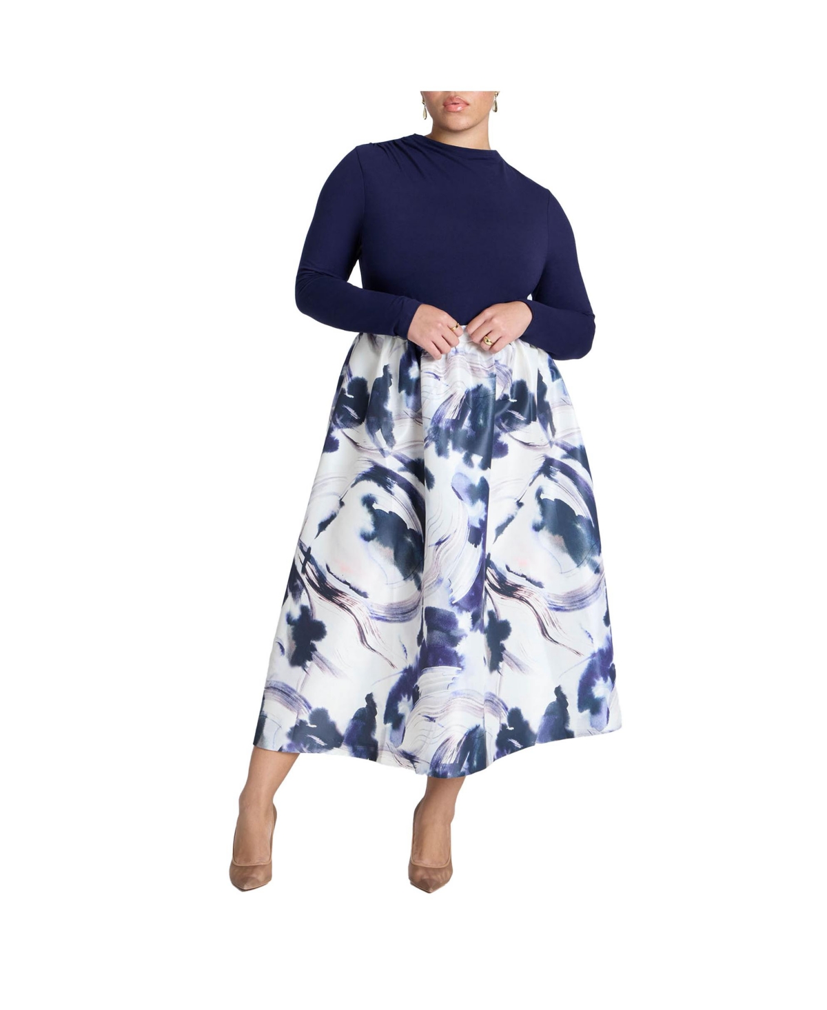 Eloquii Plus Size Midi Full Circle Skirt - Ink print