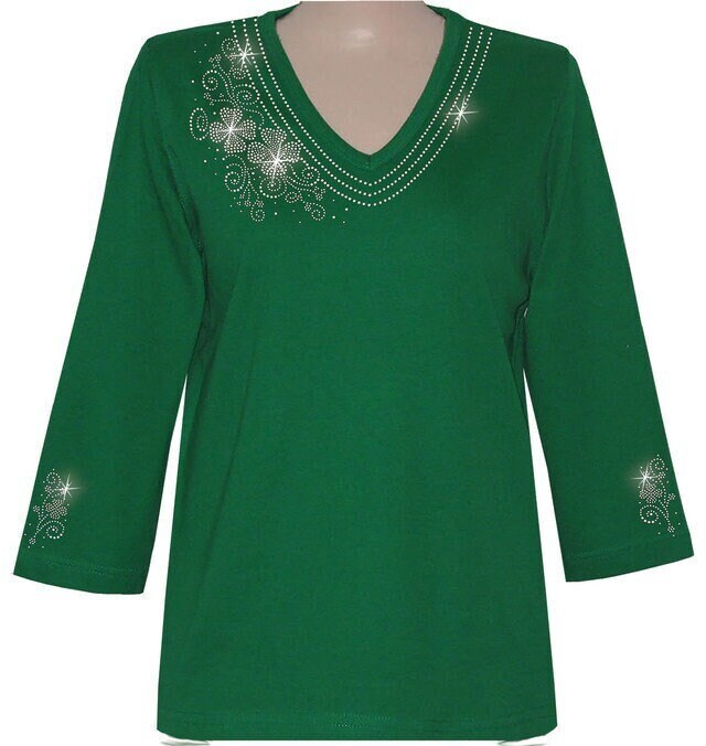 Embellished Iridescent Crystal Rhinestone St. Patrick's Day Clover Swirl Neckline 3/4 Sleeve Knit Top Available Sizes Small Up To Size 3x