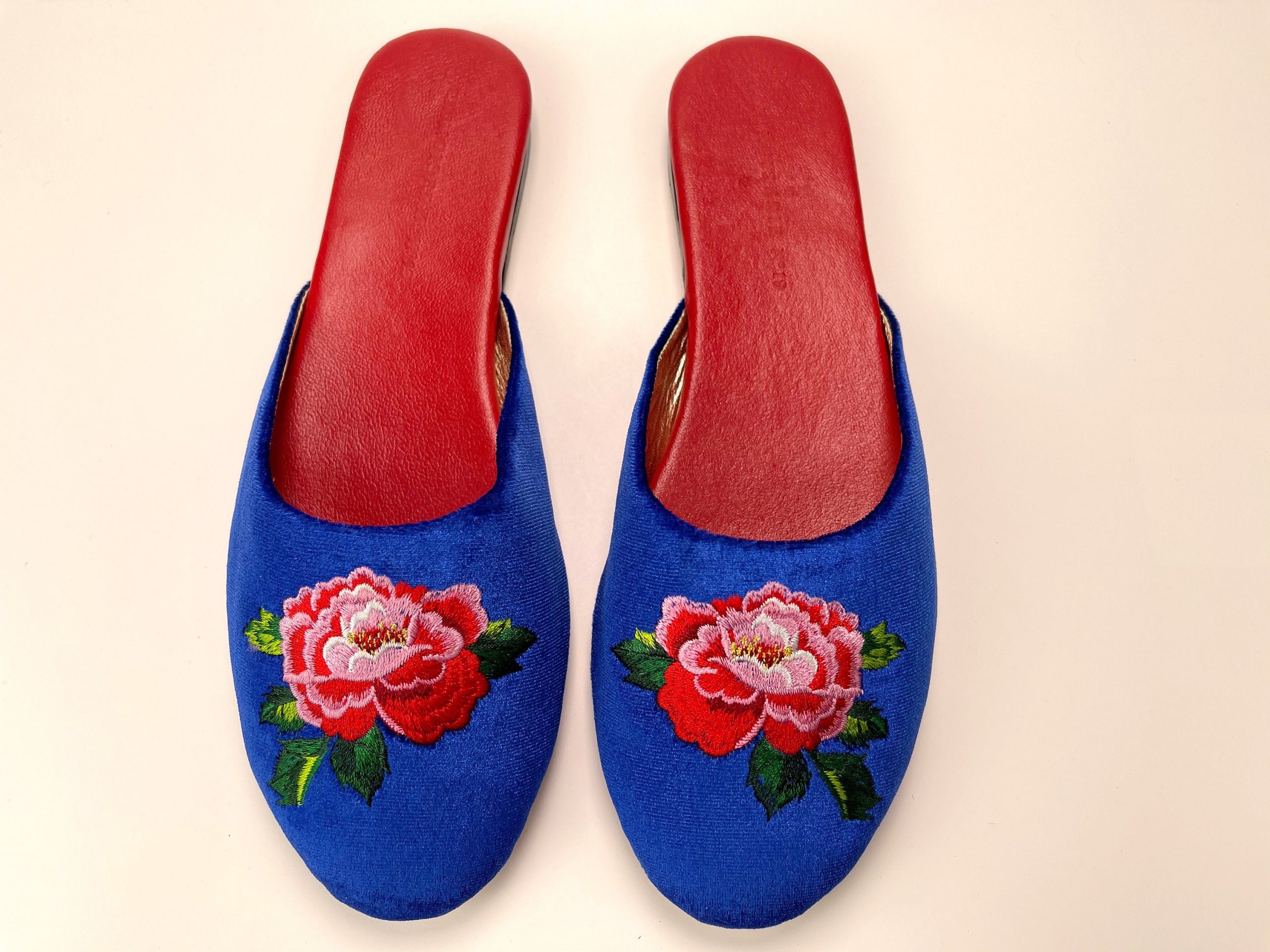 Embroidered Peony Velvet Mules - Women Slippers, Luxury Wedding Flats, Bridal Shower Gifts