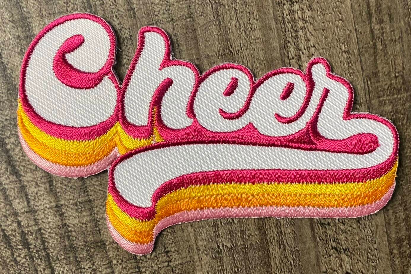 Embroidery, "Colorful Cheer" Pink/Gold/Orange/White, Varsity Patch, Iron-On Applique For Jackets, Camo, & Bags, Size 5.5", Cheerleader Patch