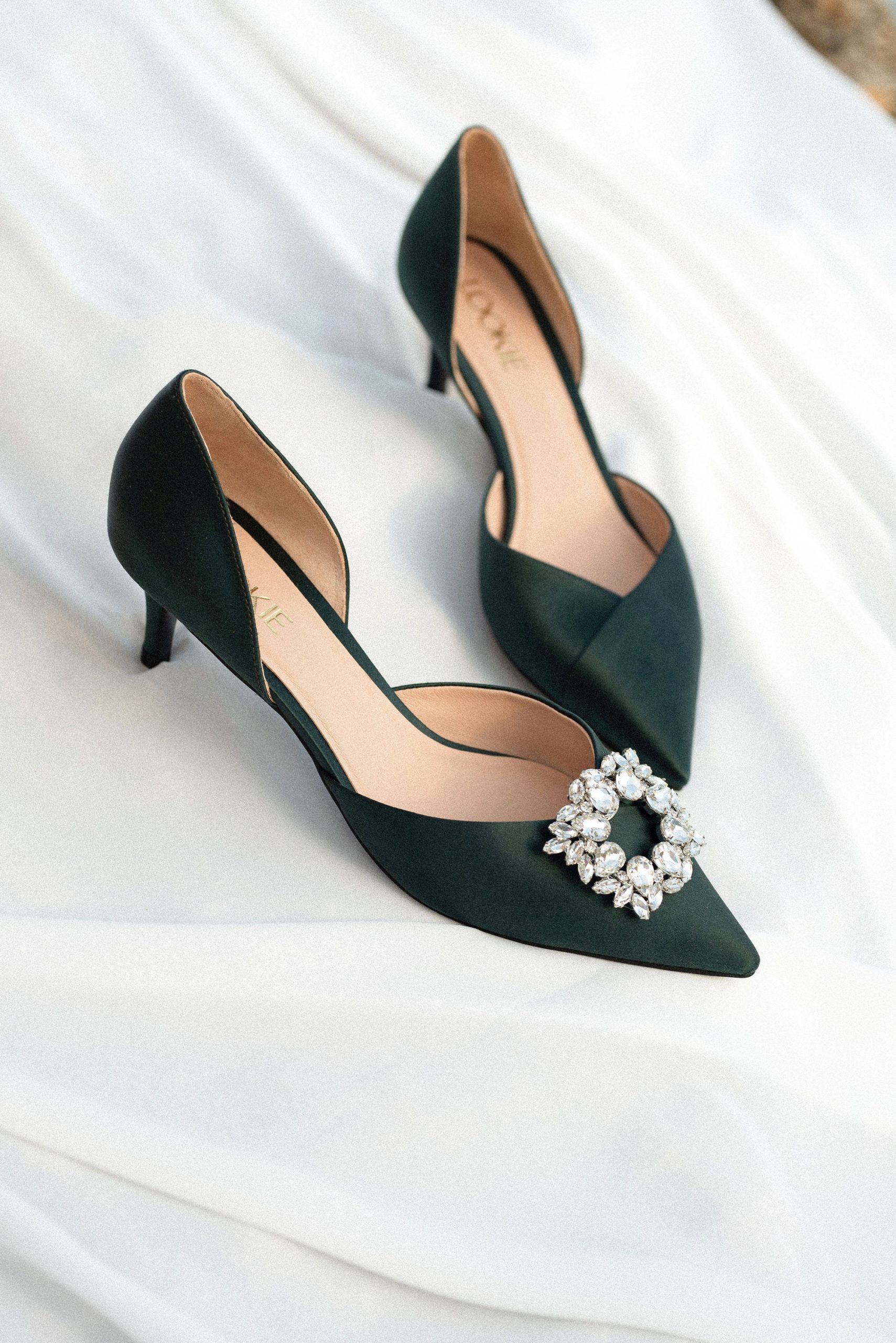 Emerald Green Satin Women Pumps, Handmade D'orsay Pump With Low Kitten Heel, Evening Shoes Closed Pointy Toe